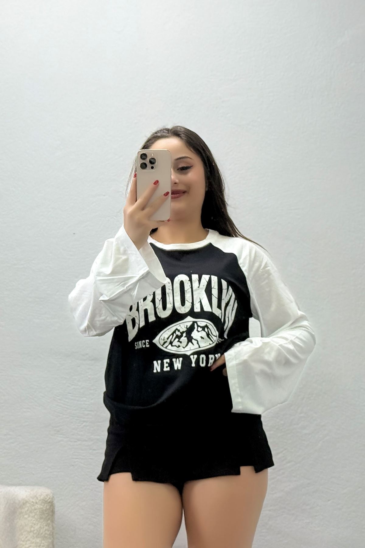 Kadın Reglan Kol Bisiklet Yaka Penye Sweat Siyahekru