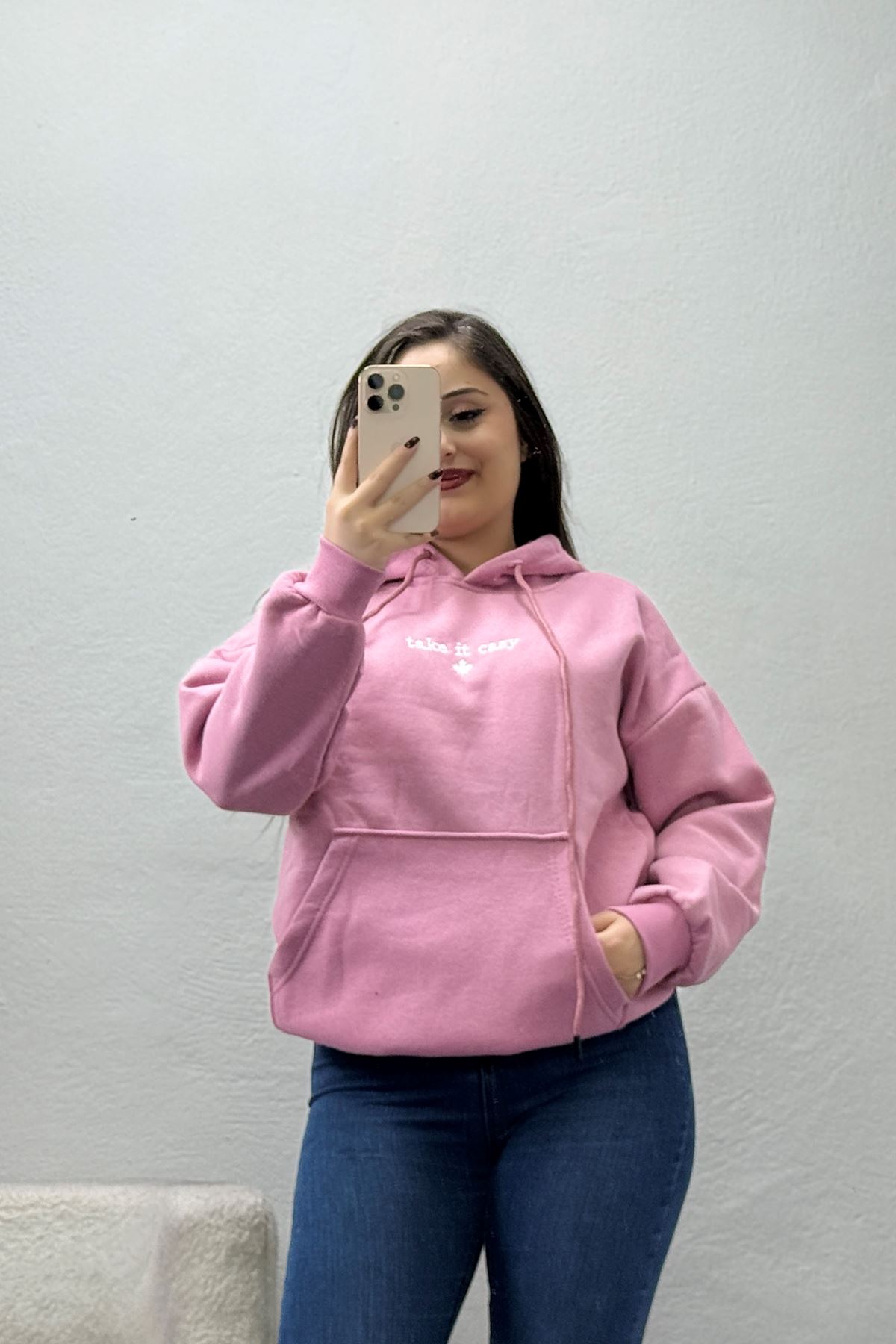 Kadın Üç İplik Kapşonlu Nakışlı Sweat Pembe