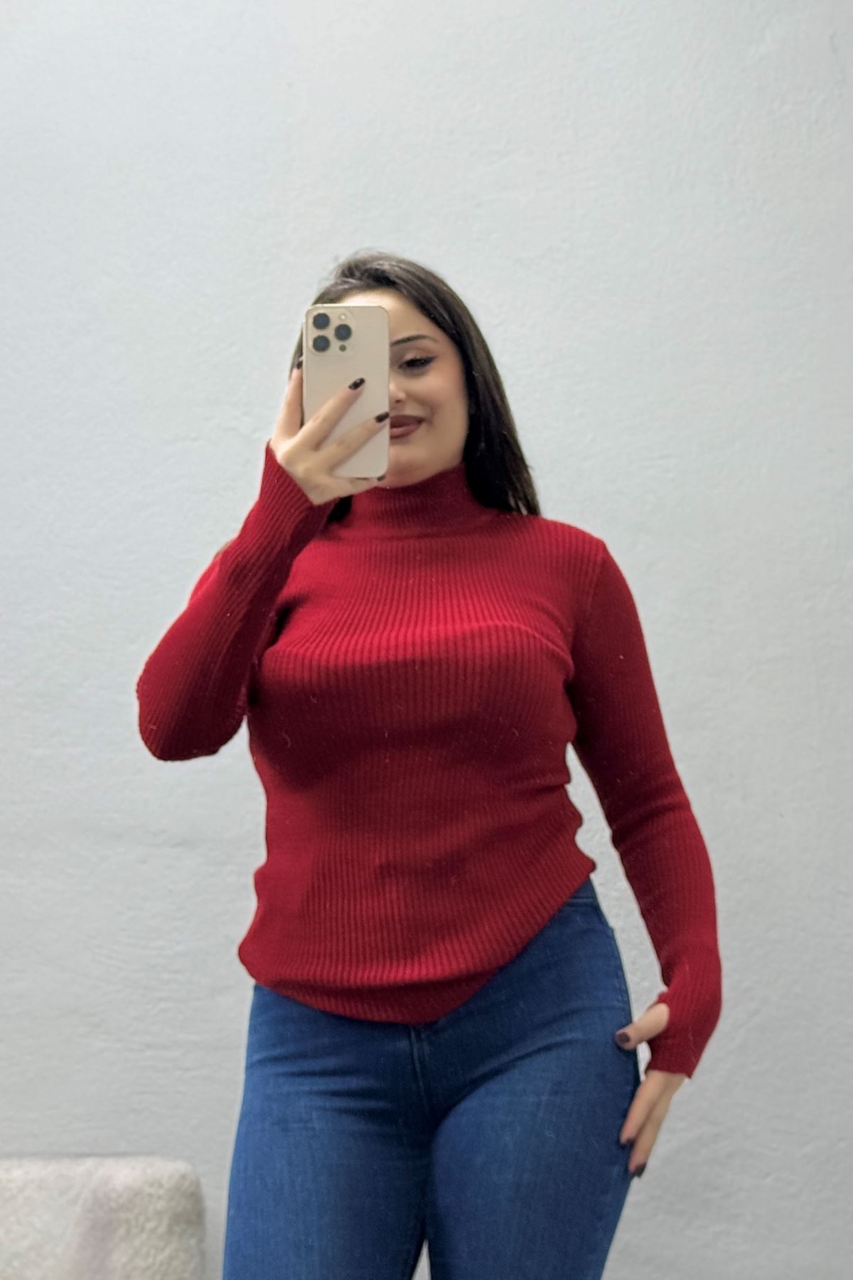 Kadın Dik Yaka Parmak Geçmeli Triko Body Kırmızı