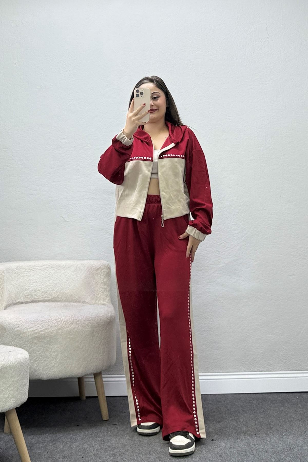Kadın Garnili Modal Taşlı İkili Takım Bordo