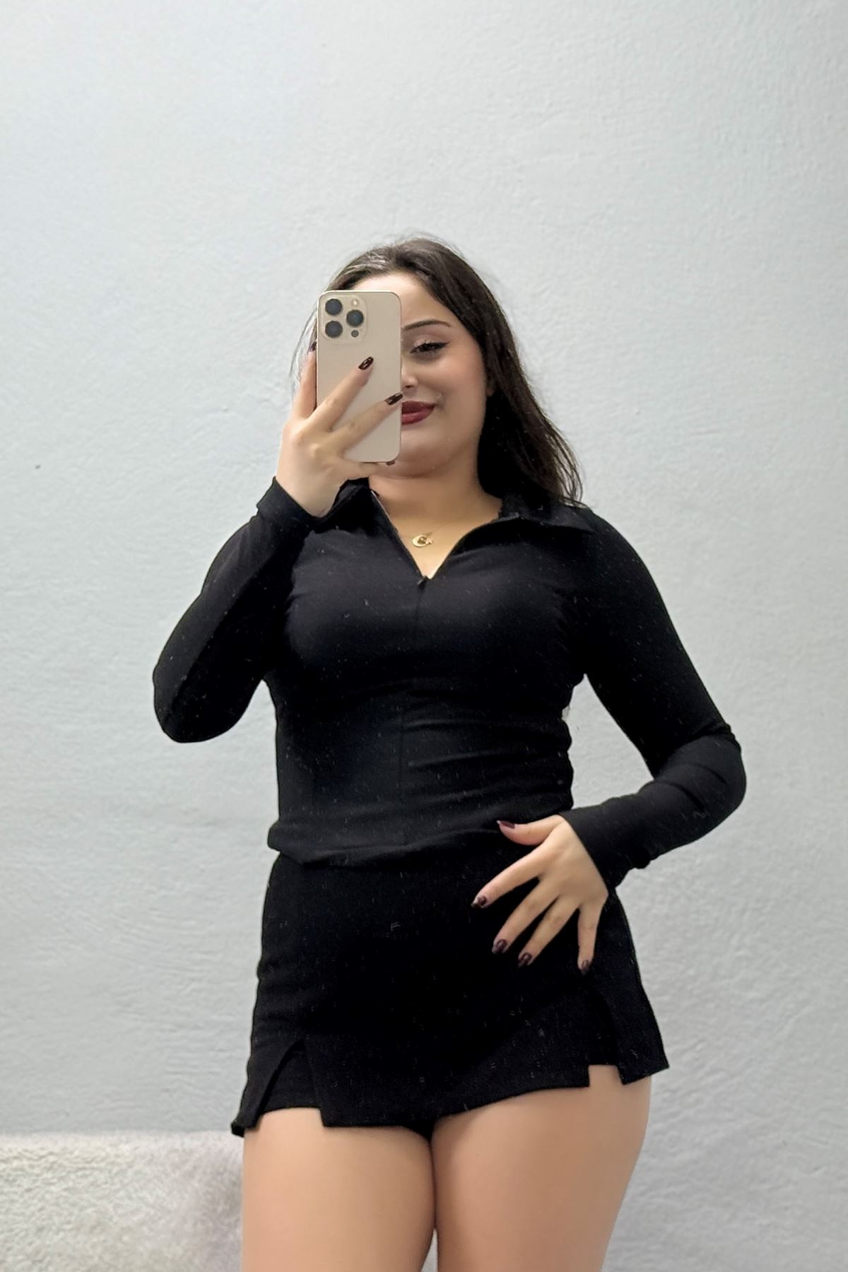 Kadın Polo Yaka Fermuarlı Body Siyah