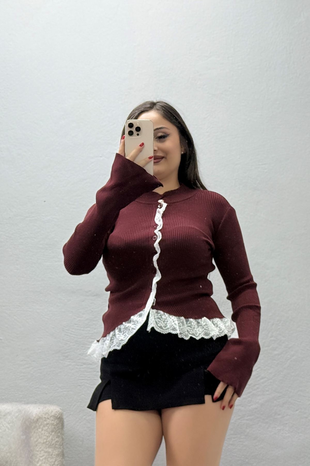Kadın Dantel Detaylı Triko Hırka Bordo