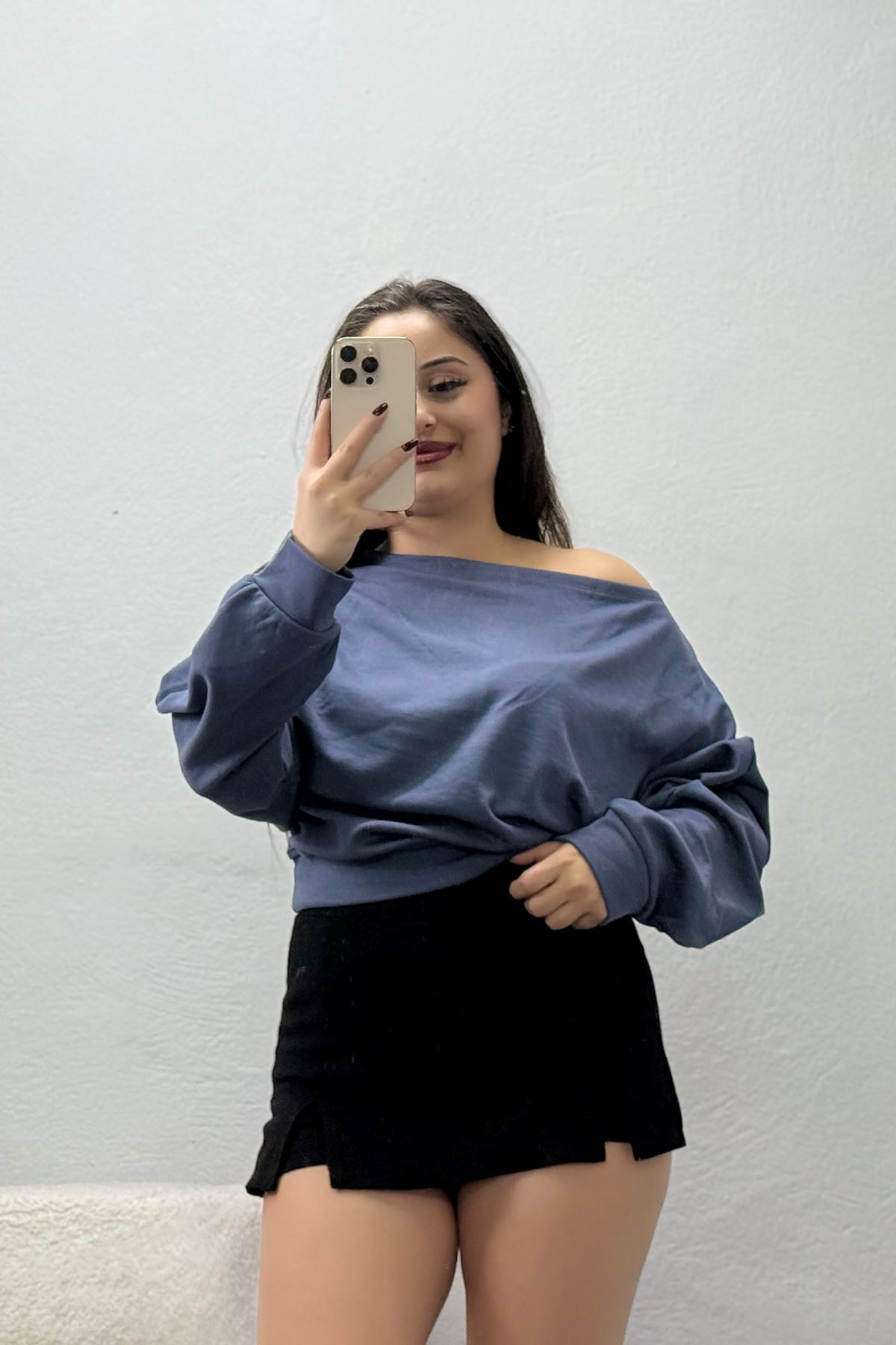 Kadın Modal Kayık Yaka Oversize Sweat Füme