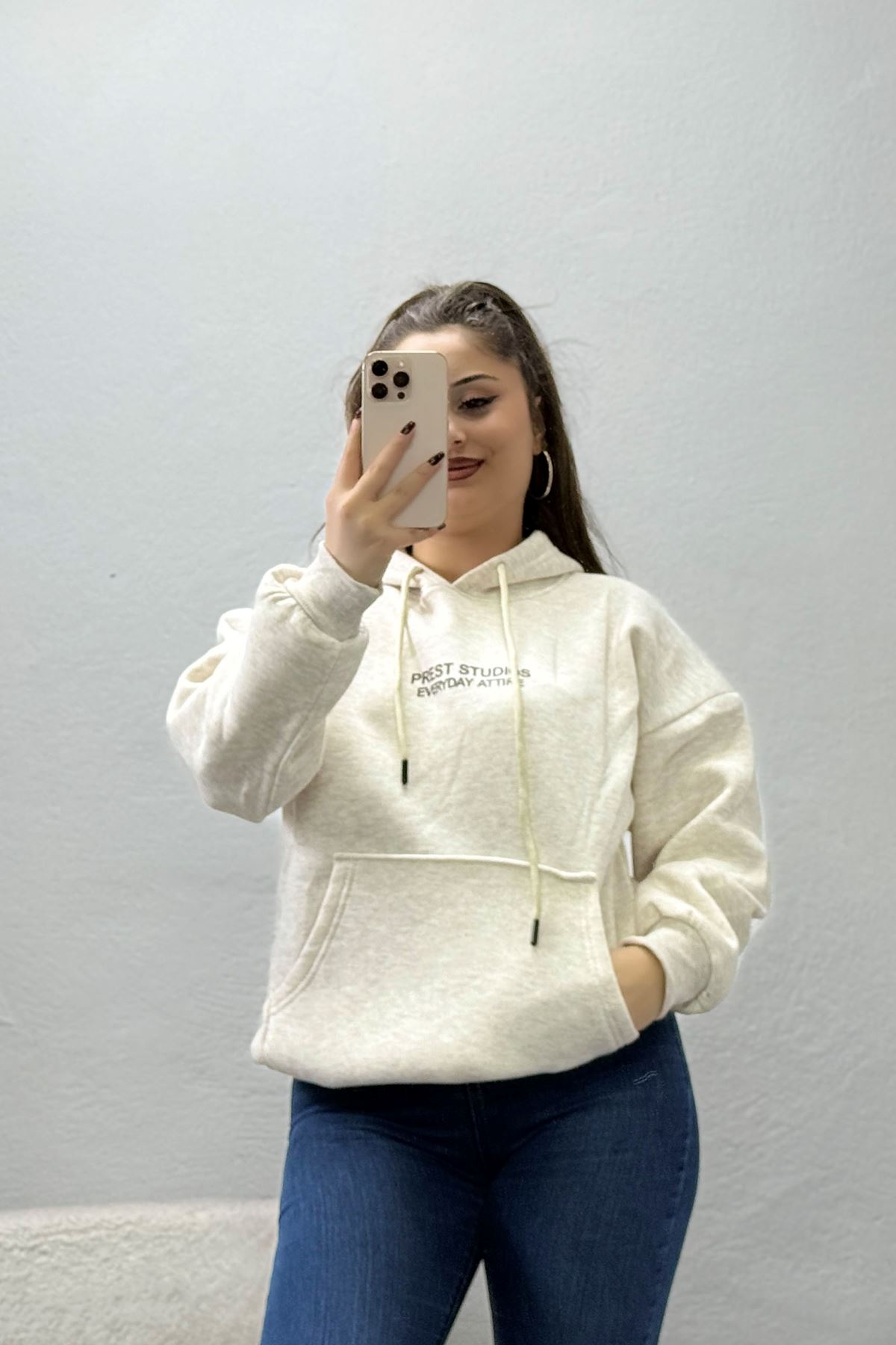 Kadın Kapşonlu Baskılı Sweat Bej