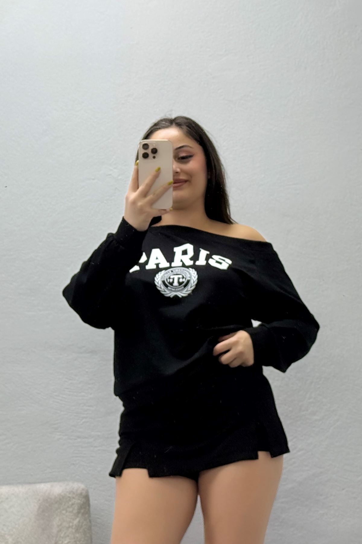 Kadın Oysho Baskılı Kayık Yaka Sweatshirt Siyah