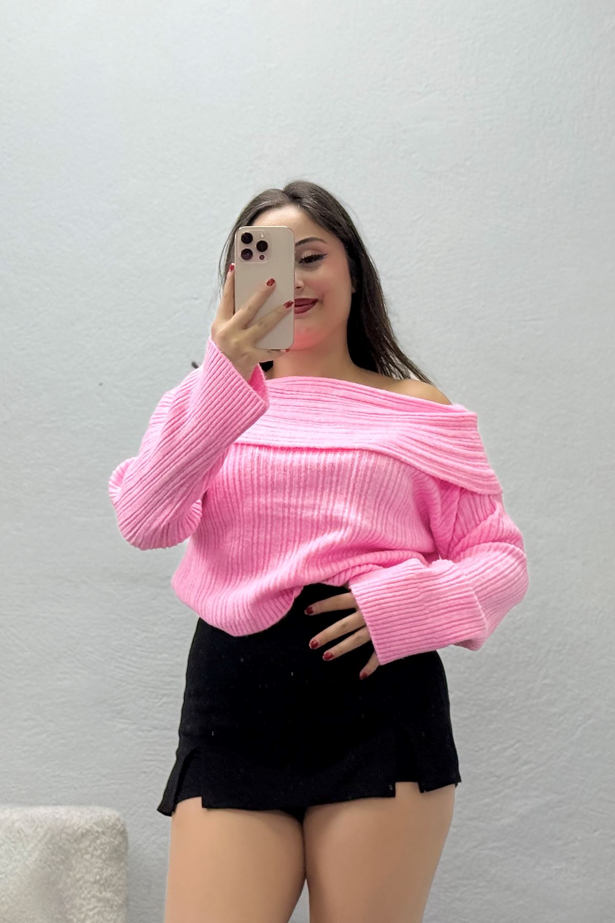 Kadın Madonna Yaka Kazak Pembe