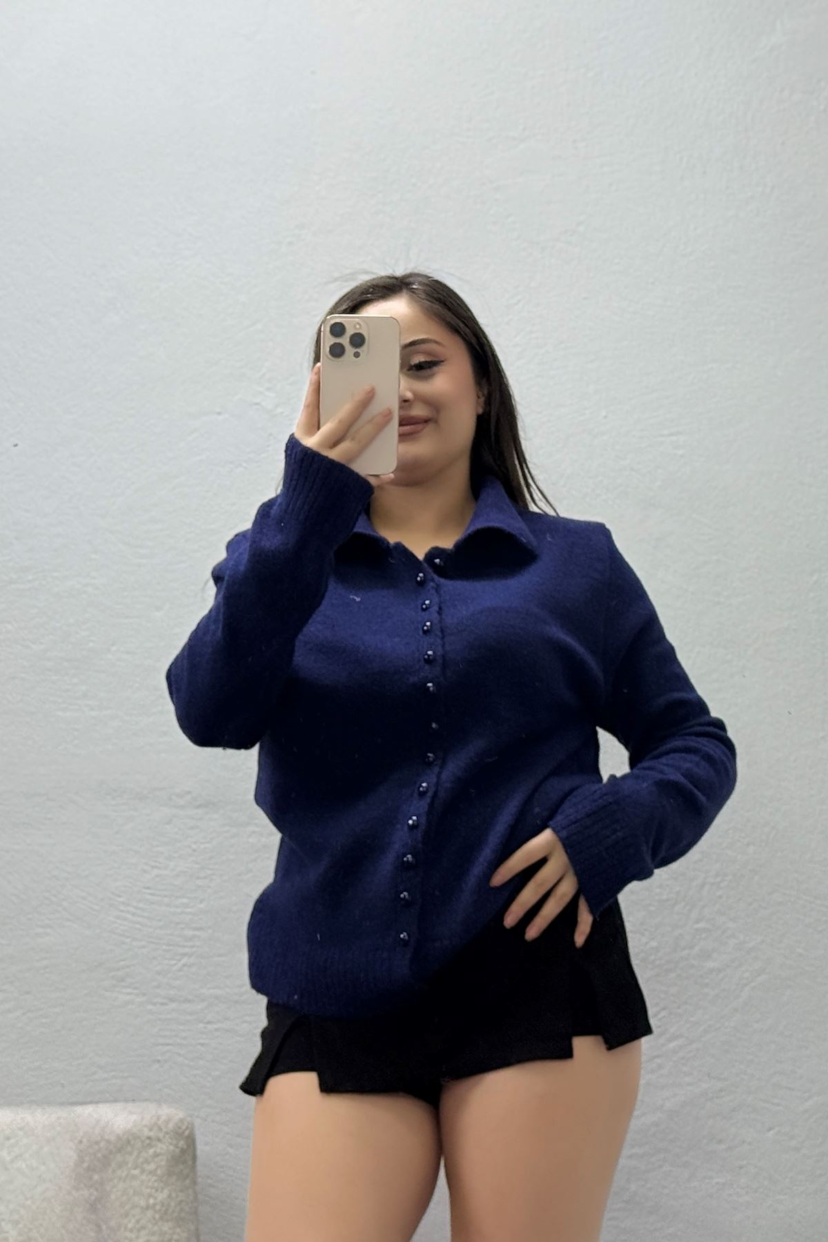 Kadın Düğmeli Triko Hırka Lacivert
