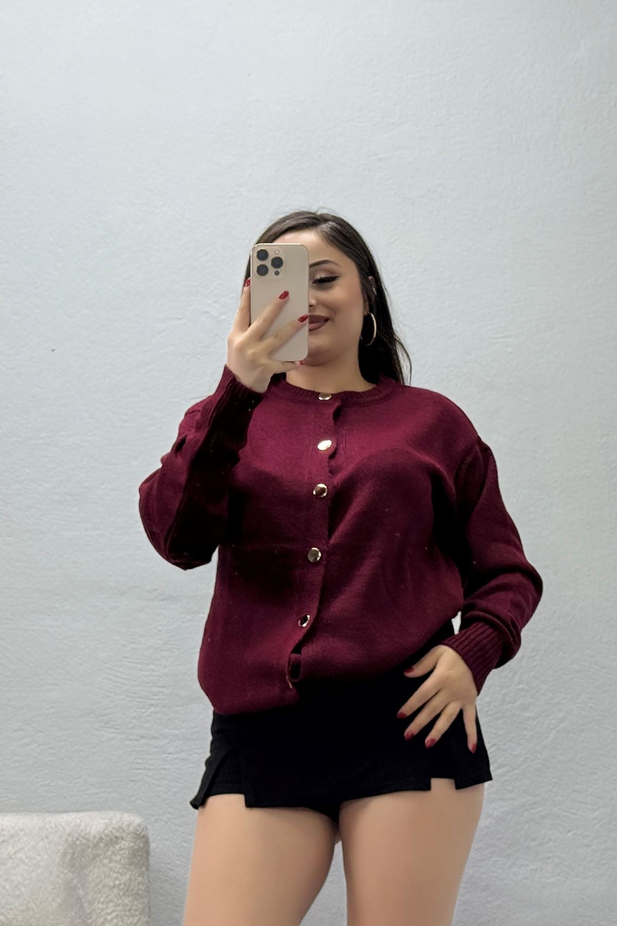 Kadın Düğmeli Uzun Kollu Triko Hırka Bordo