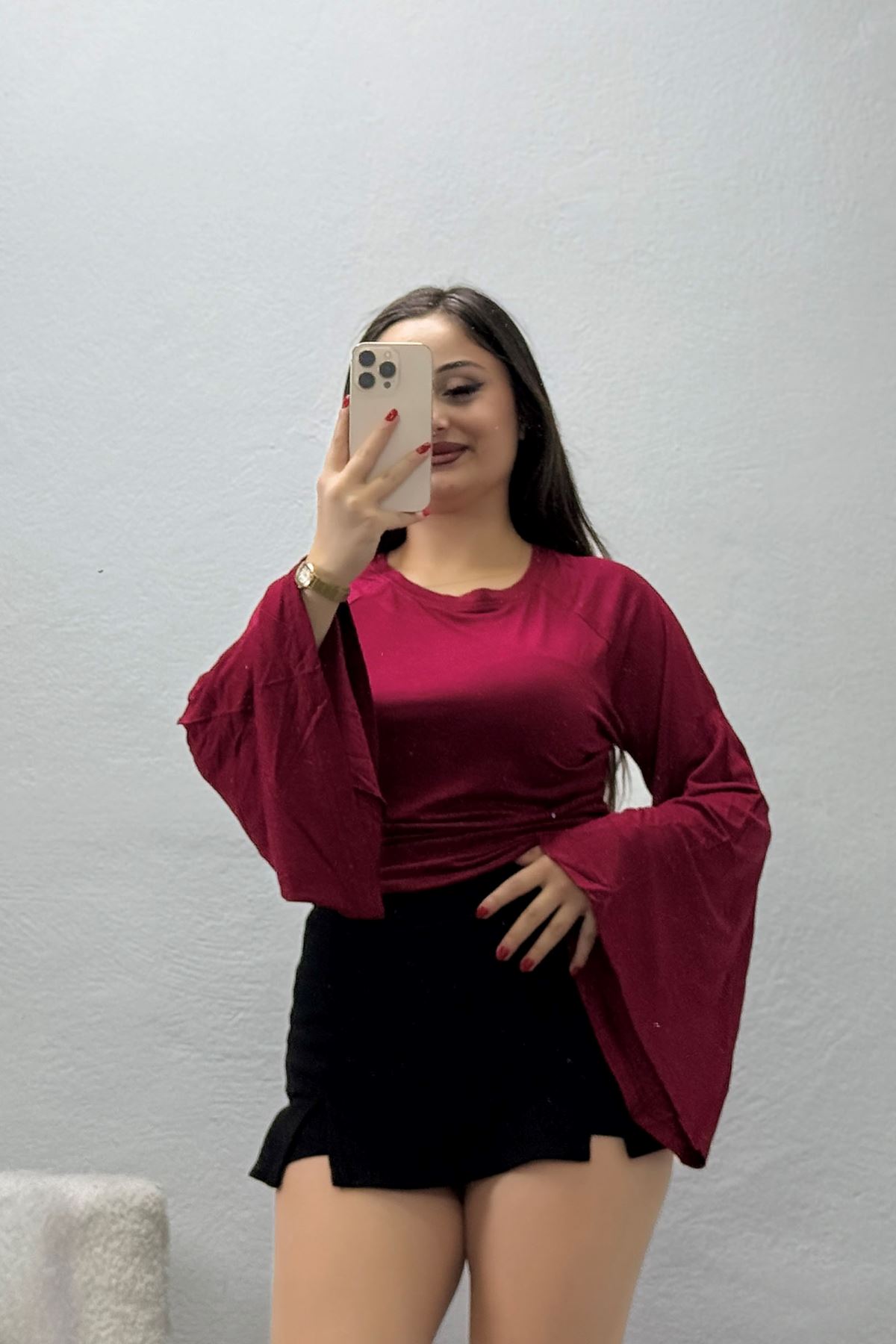 Kadın Uzun Yarasa Kol Viskon Bluz Bordo