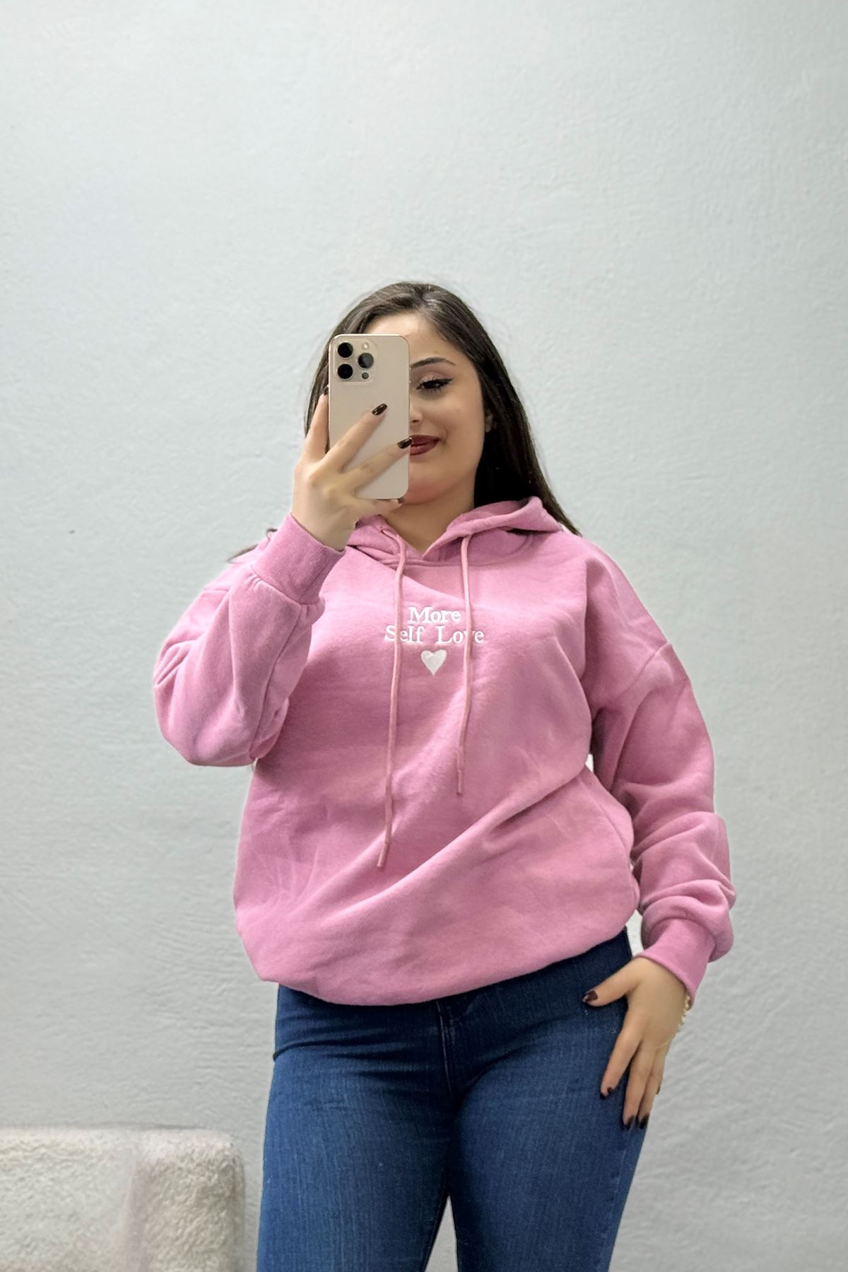 Kadın Üç İplik Kapşonlu Nakışlı Sweat Pembe