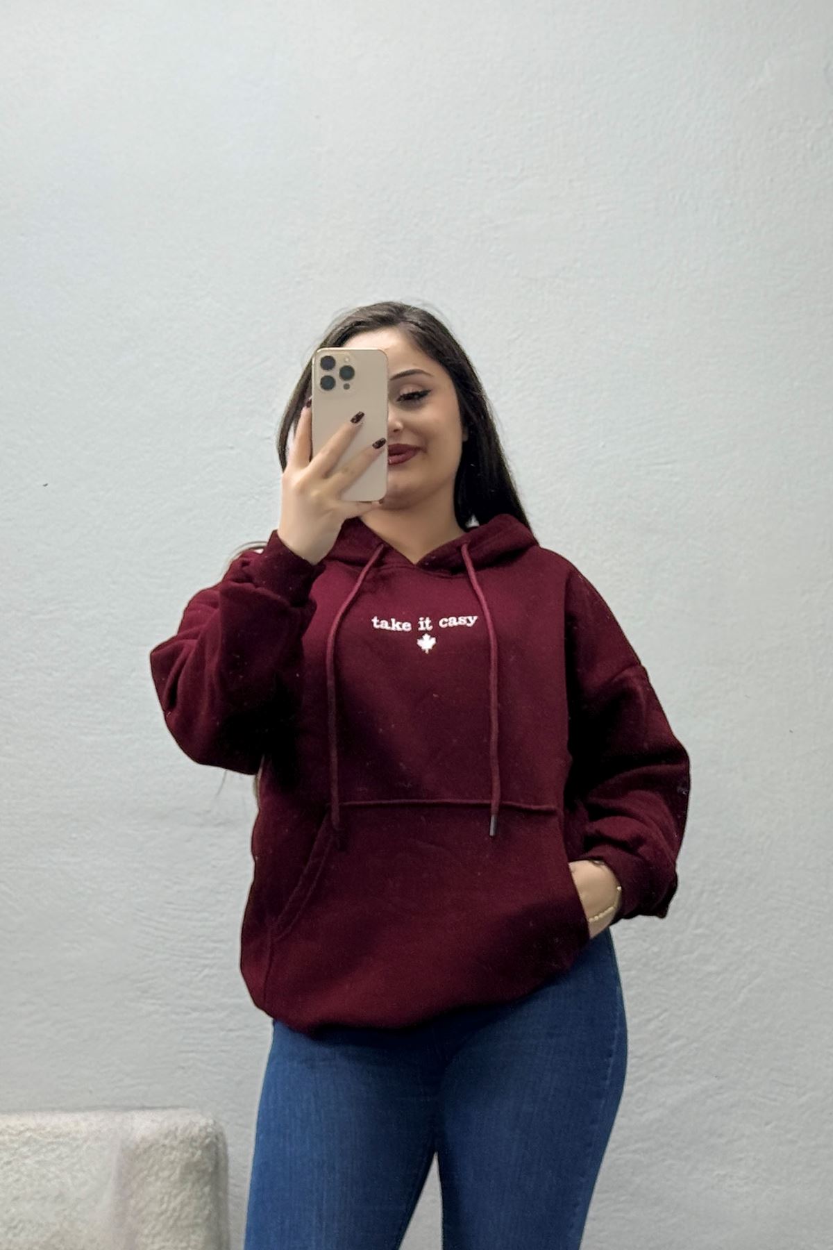 Kadın Üç İplik Kapşonlu Nakışlı Sweat Bordo