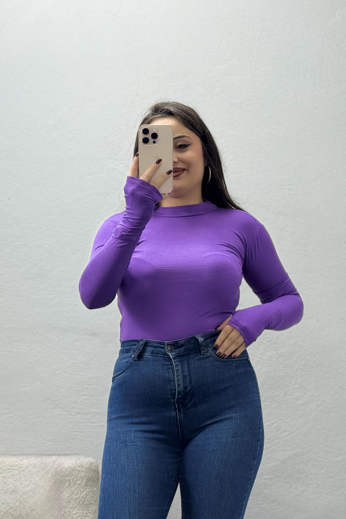 Kadın Dik Yaka Parmak Geçmeli Viskon Body Lila