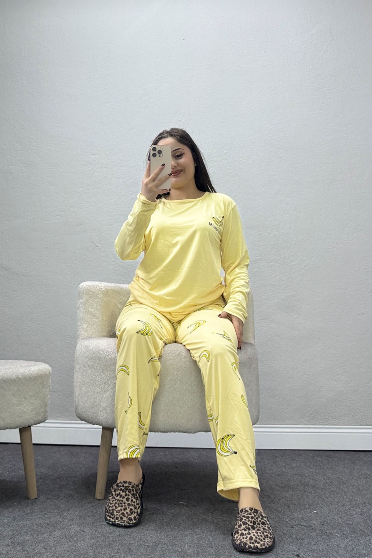 Kadın Soft Milan Baskılı Pijama Takımı Sarı