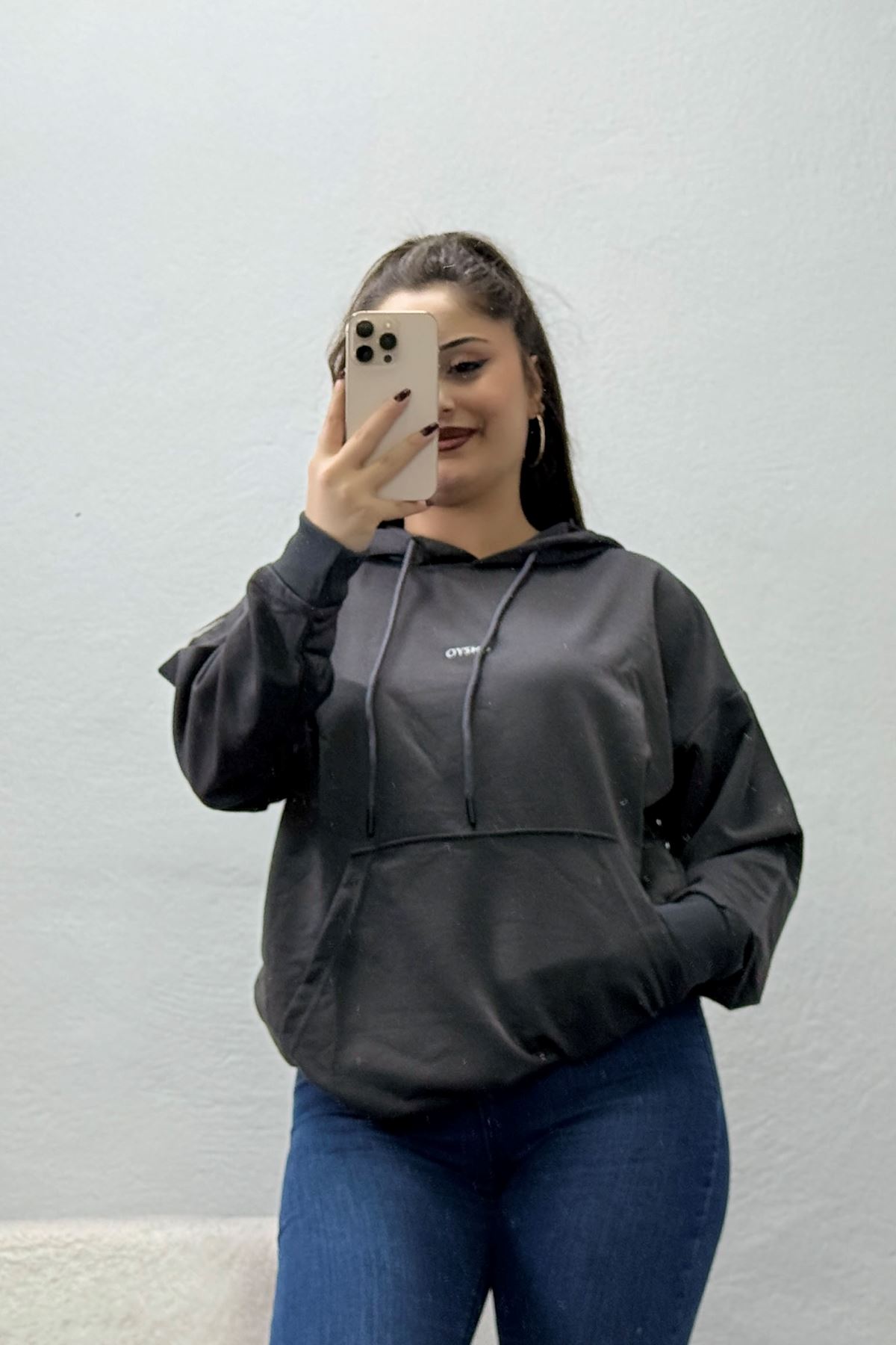 Kadın 2 İplik Kapşonlu Baskılı Sweatshirt Antrasit
