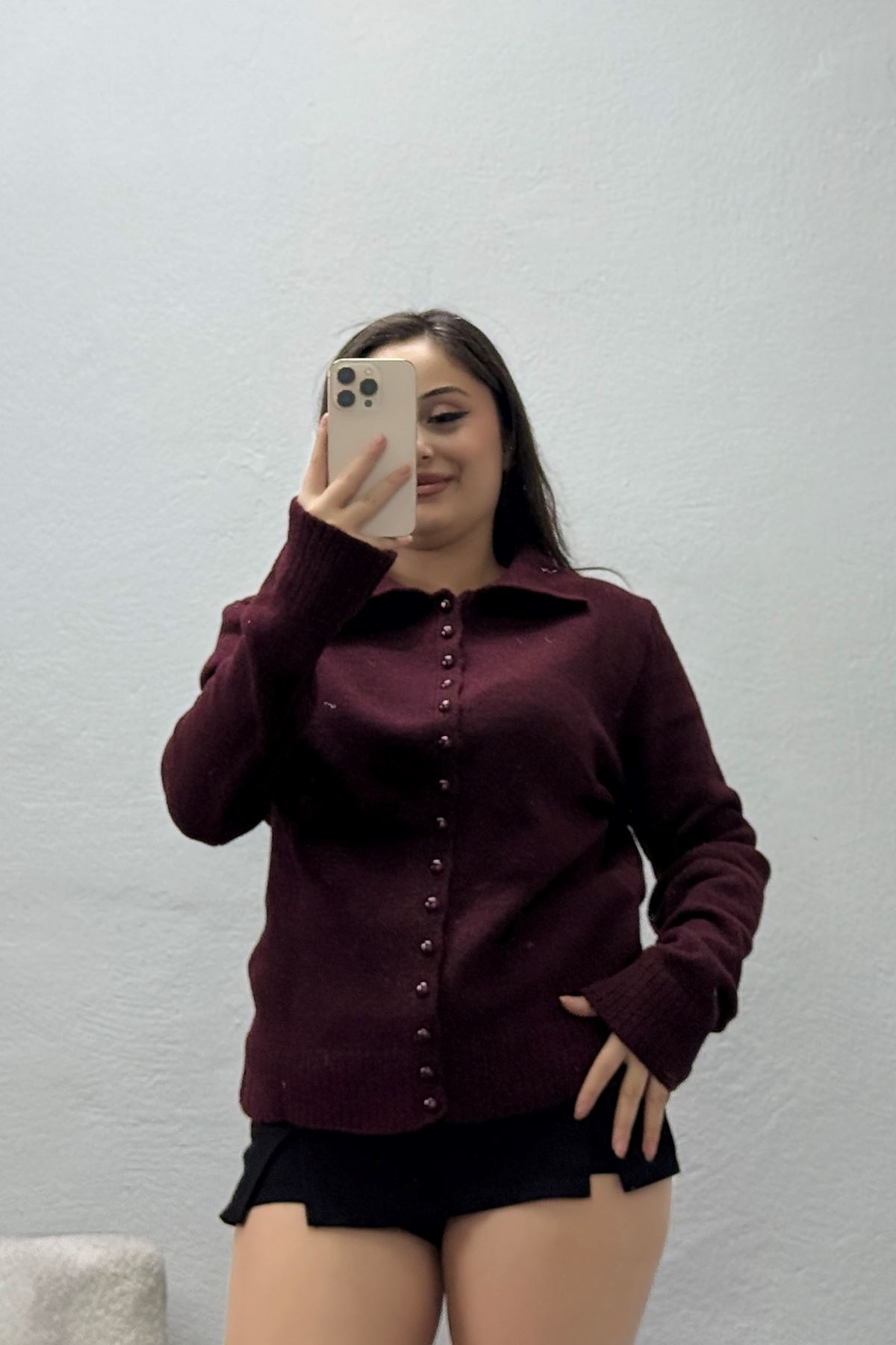 Kadın Düğmeli Triko Hırka Bordo