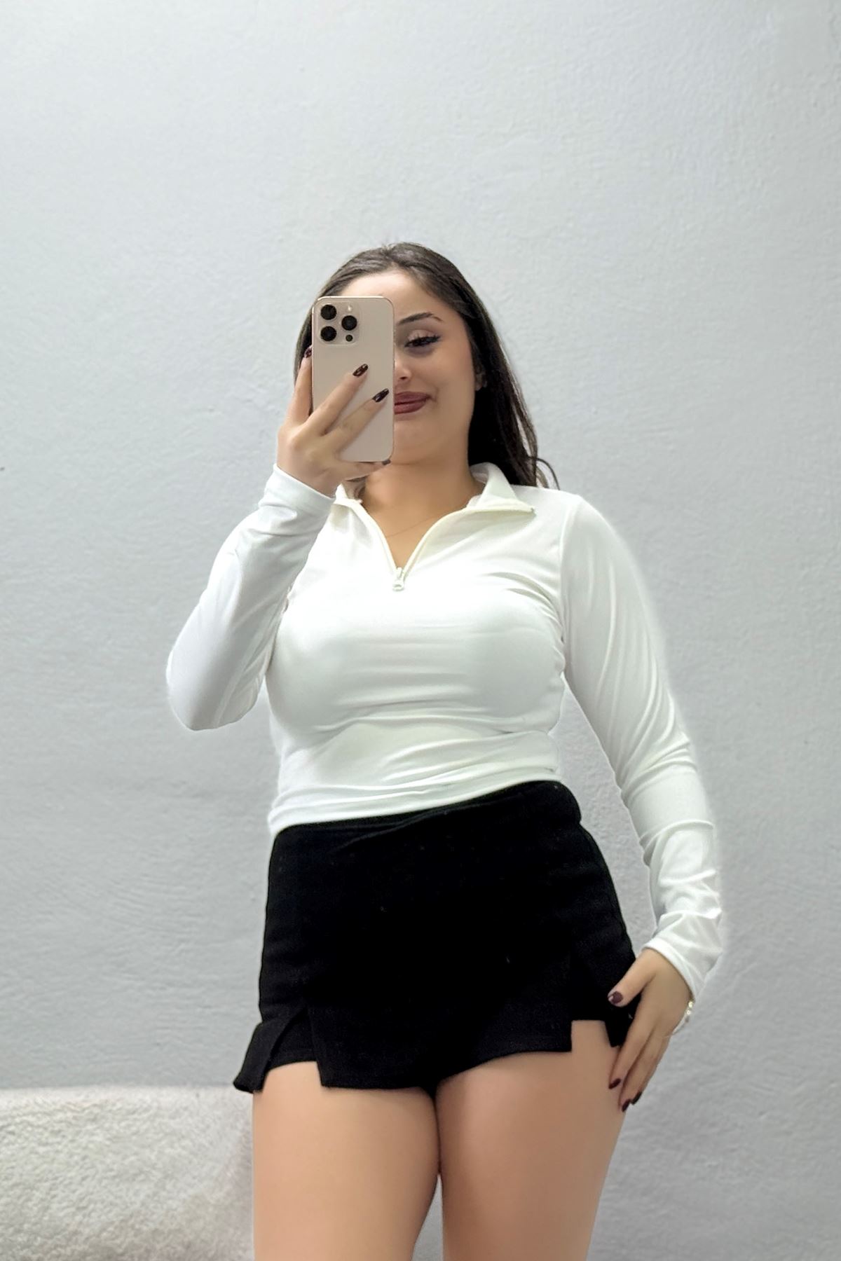 Kadın Dalgıç Kumaş Fermuarlı Body Ekru