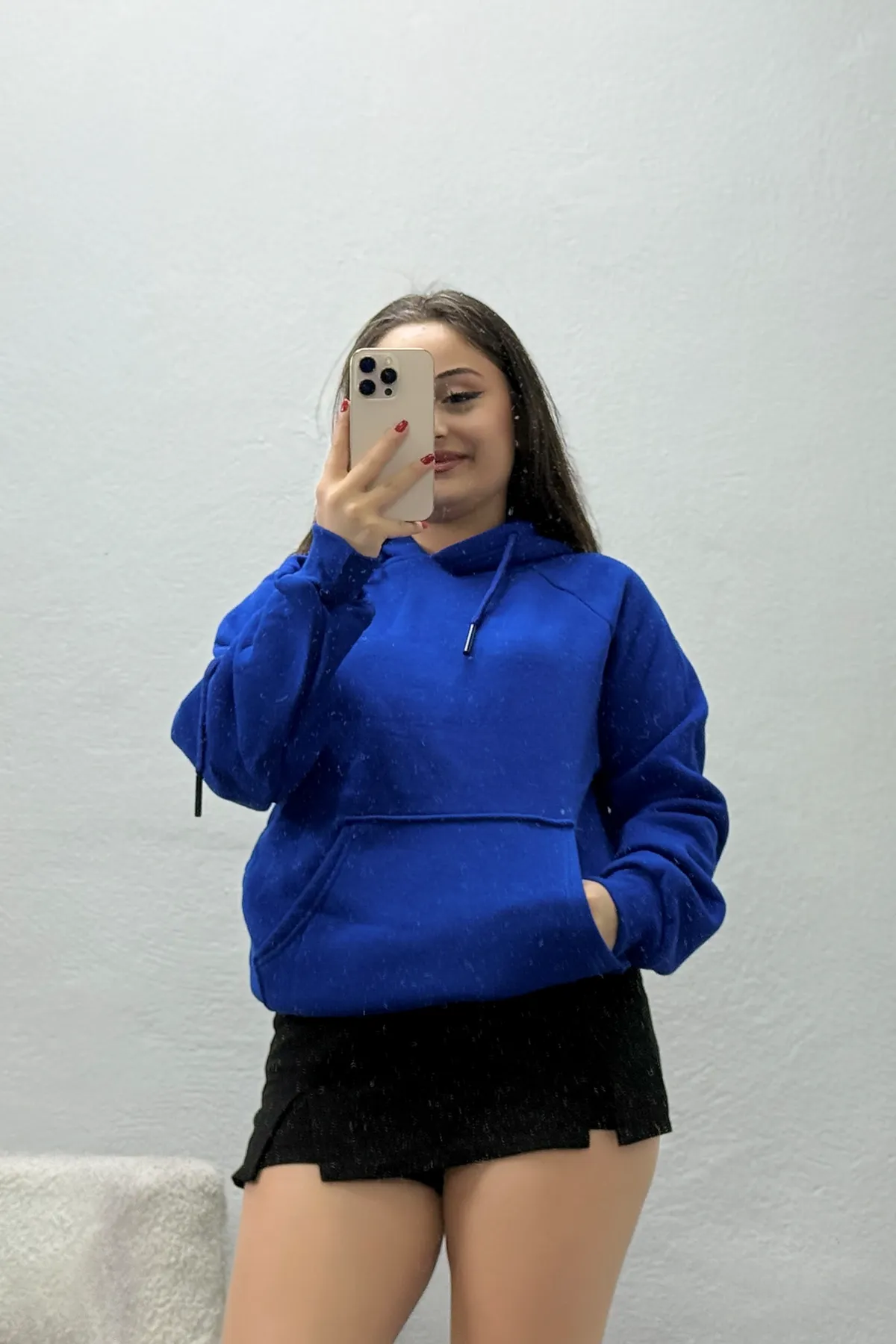 Kadın 3 İplik Kanguru Cepli Kapşonlu Sweat Saks