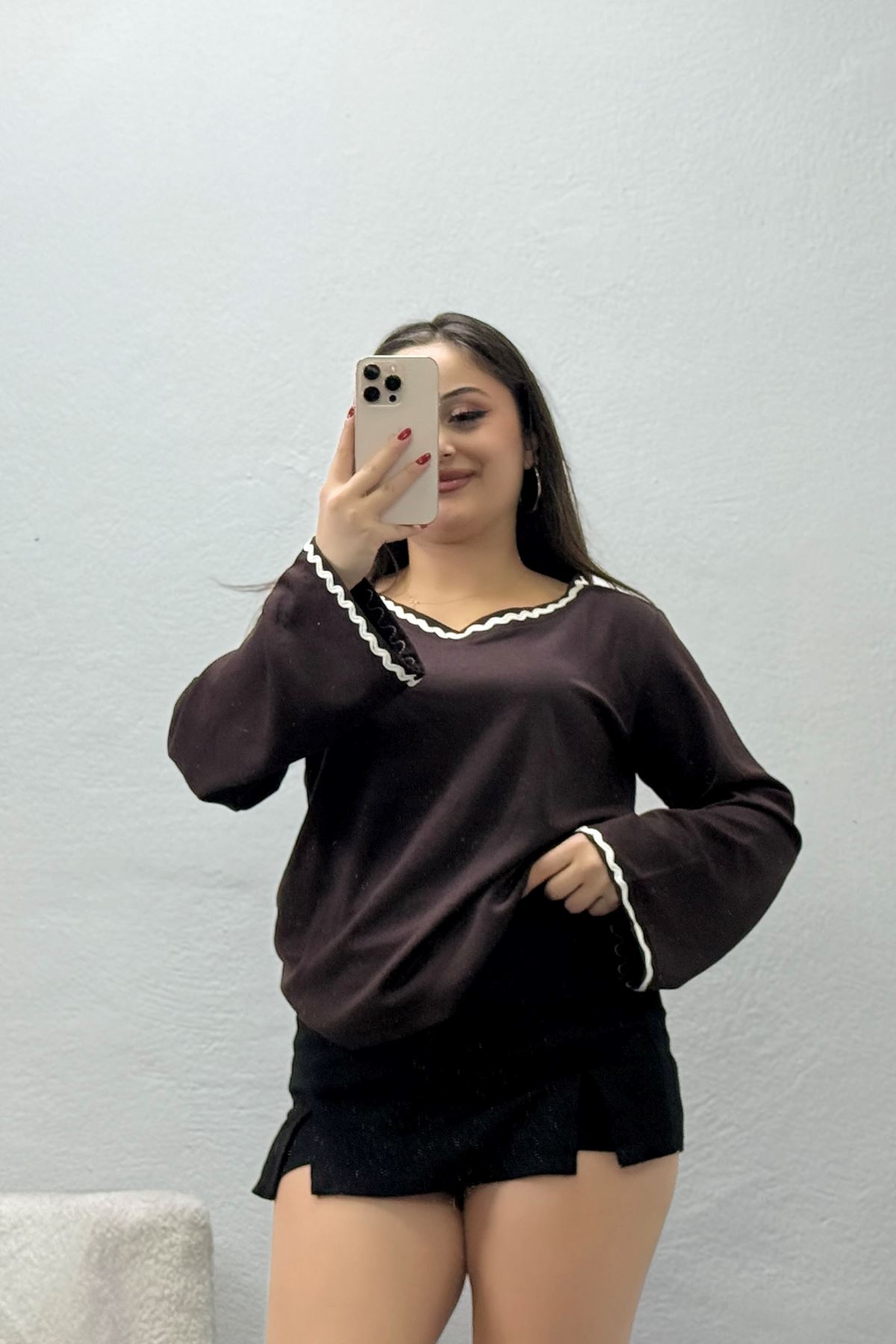 Kadın Kimono Kol V Yaka Biye Detaylı Modal Bluz Açık Kahve