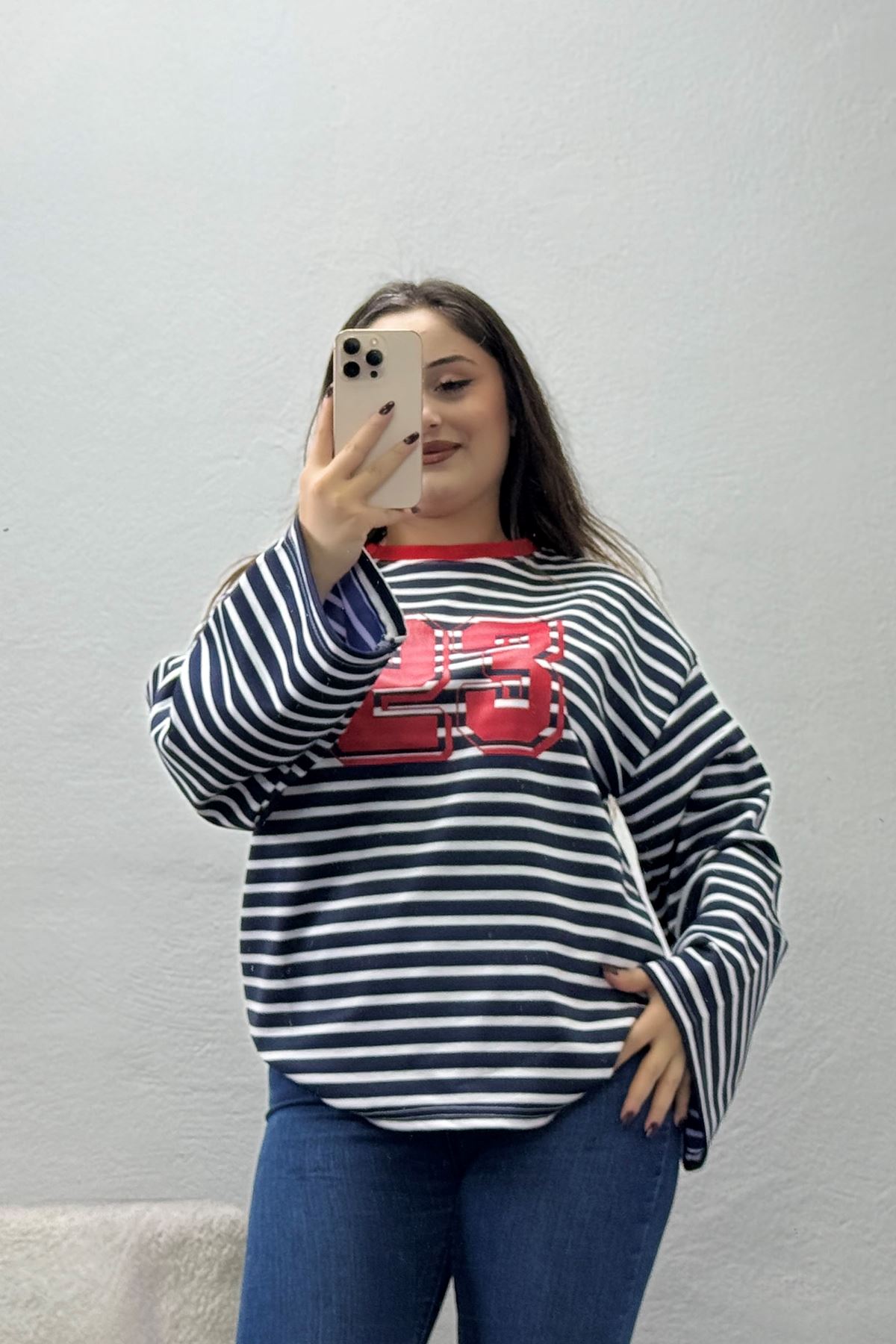 Kadın Çizgili Baskılı Bisiklet Yaka Sweatshirt Lacivert