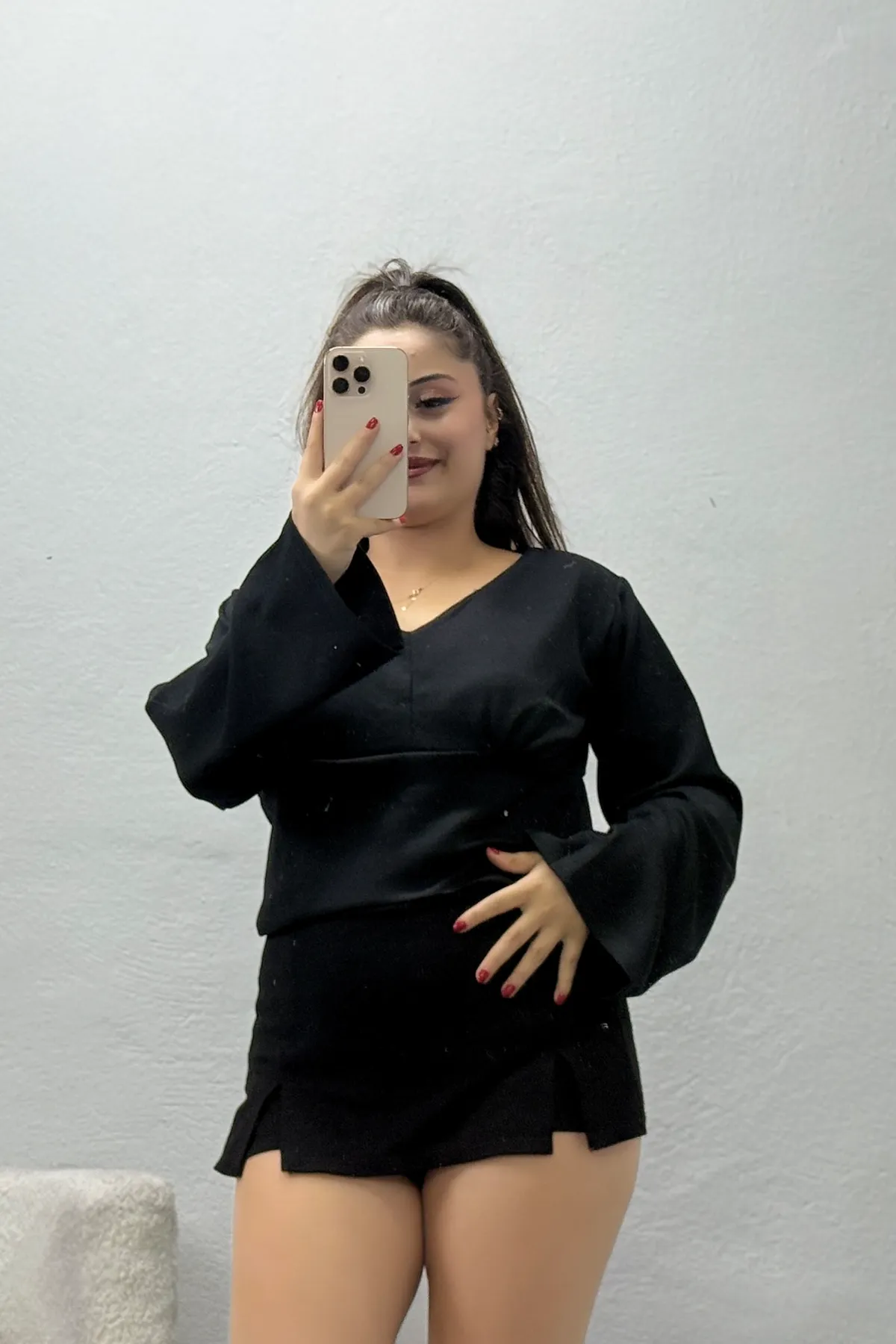Kadın Belden Oturtmalı Kimono Kol Modal Bluz Siyah