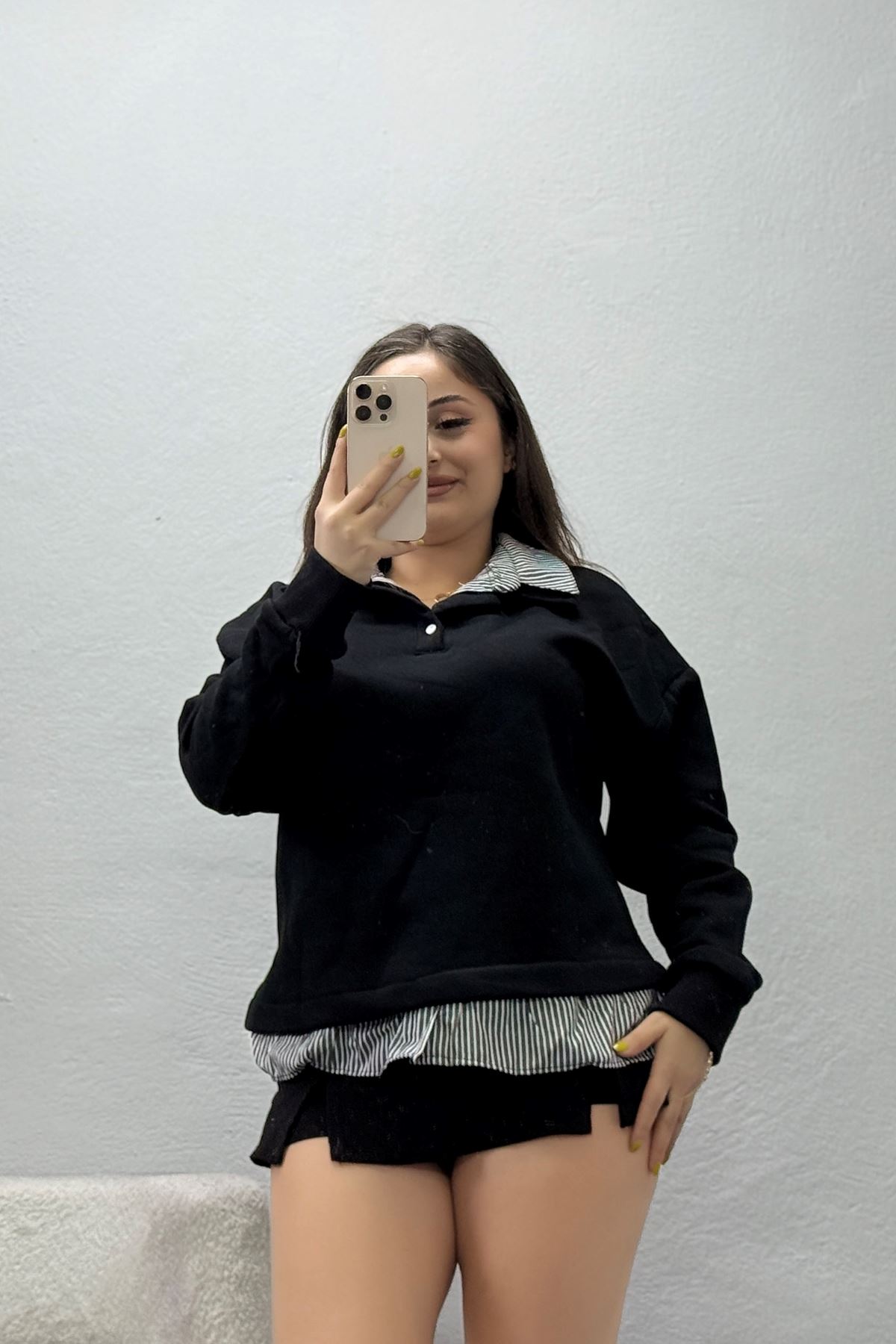 Kadın 3 İplik Şardonlu Gömlek Detay Sweat Siyahfüme