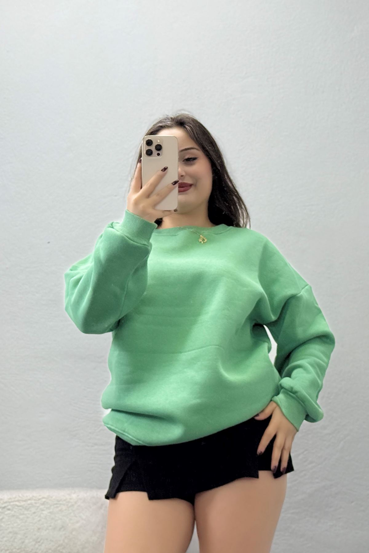 Kadın Bisiklet Yaka Üç İplik Sweat Suyeşili