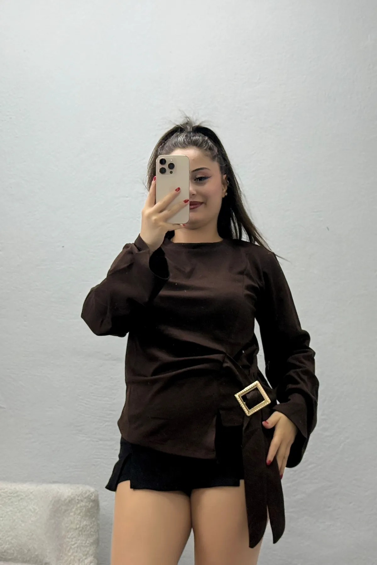 Kadın Toka Detaylı Kimono Kol Modal Bluz Açık Kahve