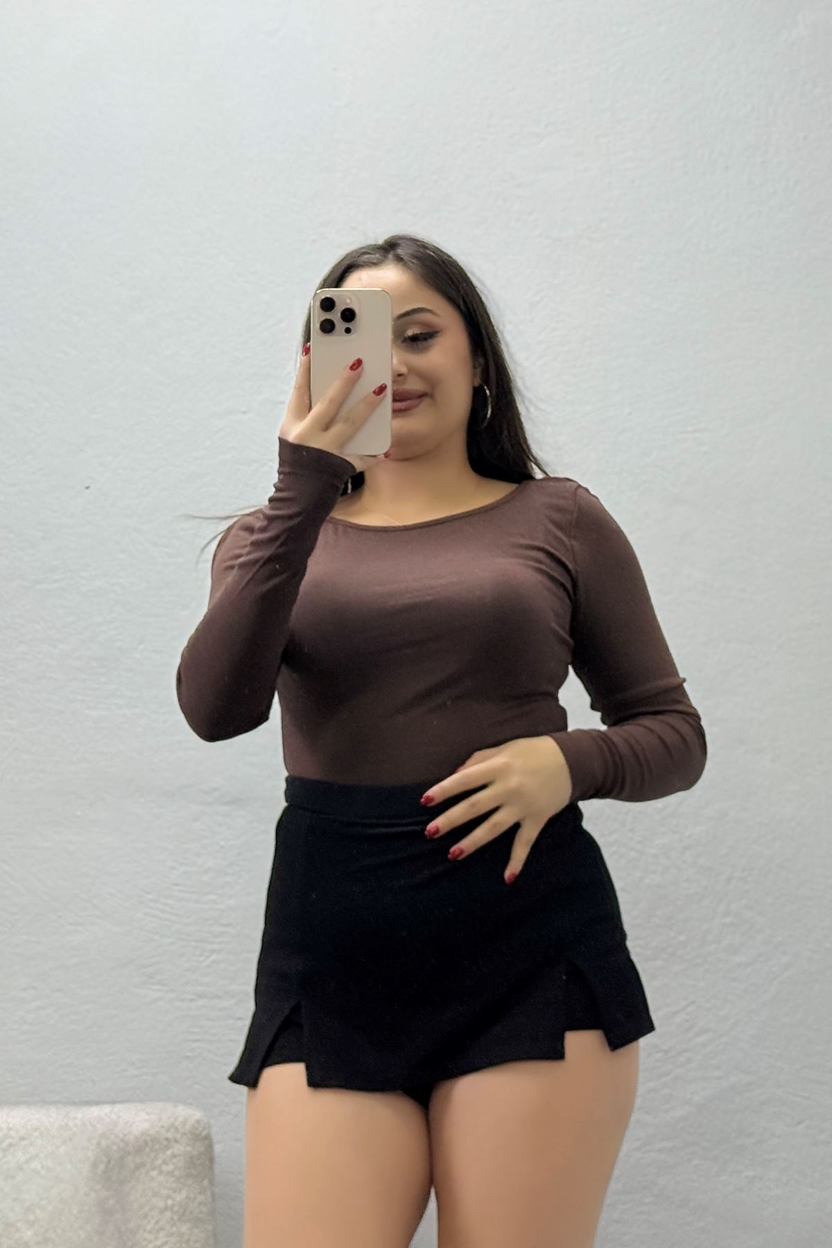 Kadın Buzzy Kumaş Sırt Dekolteli Body Kahve
