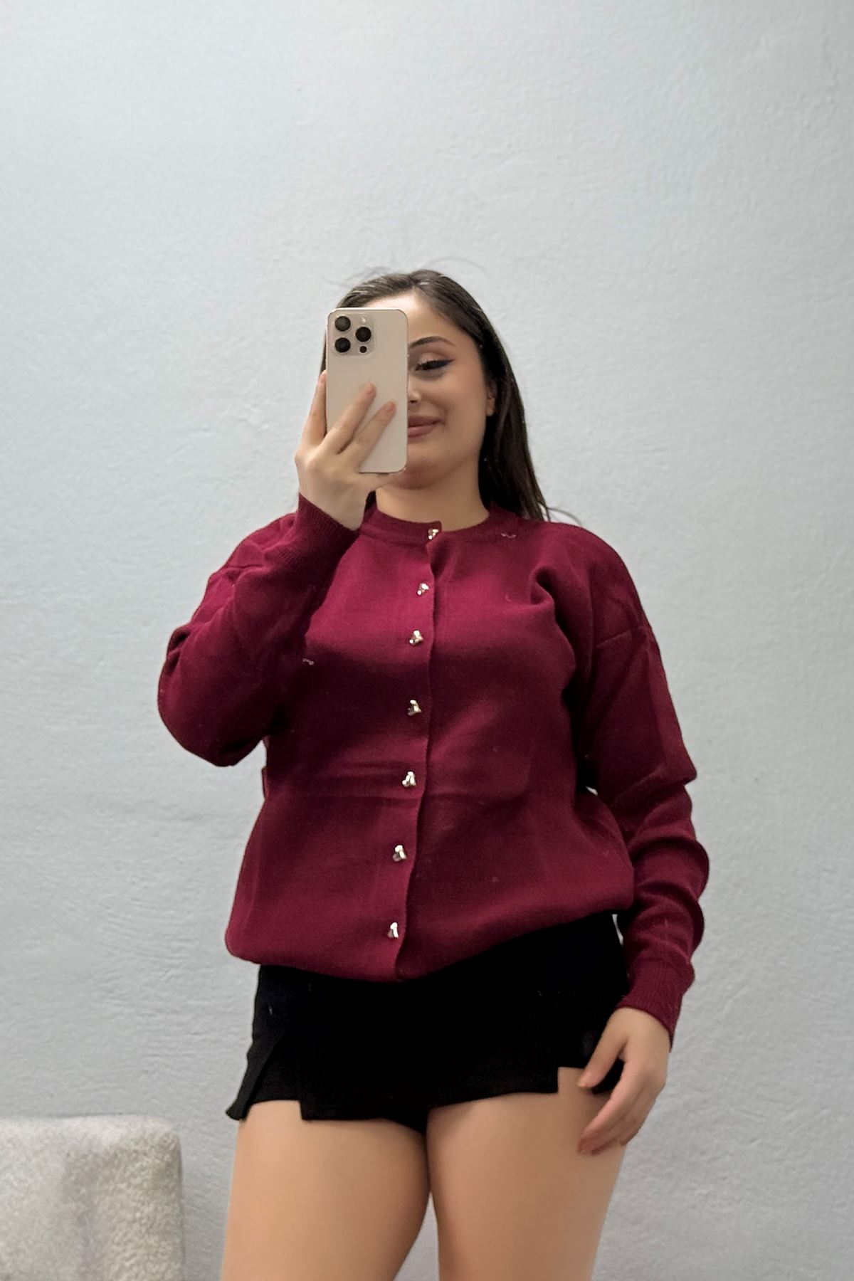 Kadın Kalp Düğmeli Triko Hırka Bordo