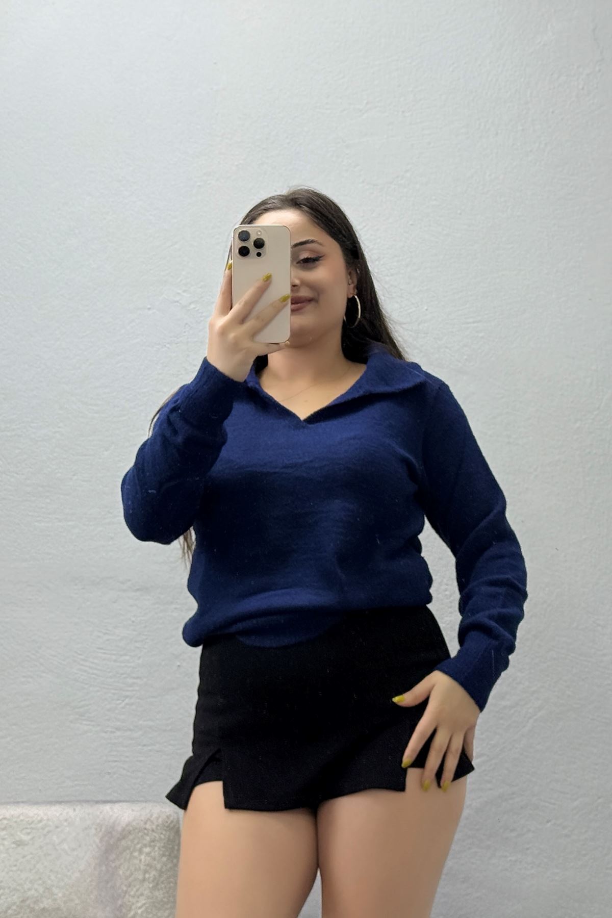 Kadın Polo Yaka Triko Kazak Lacivert