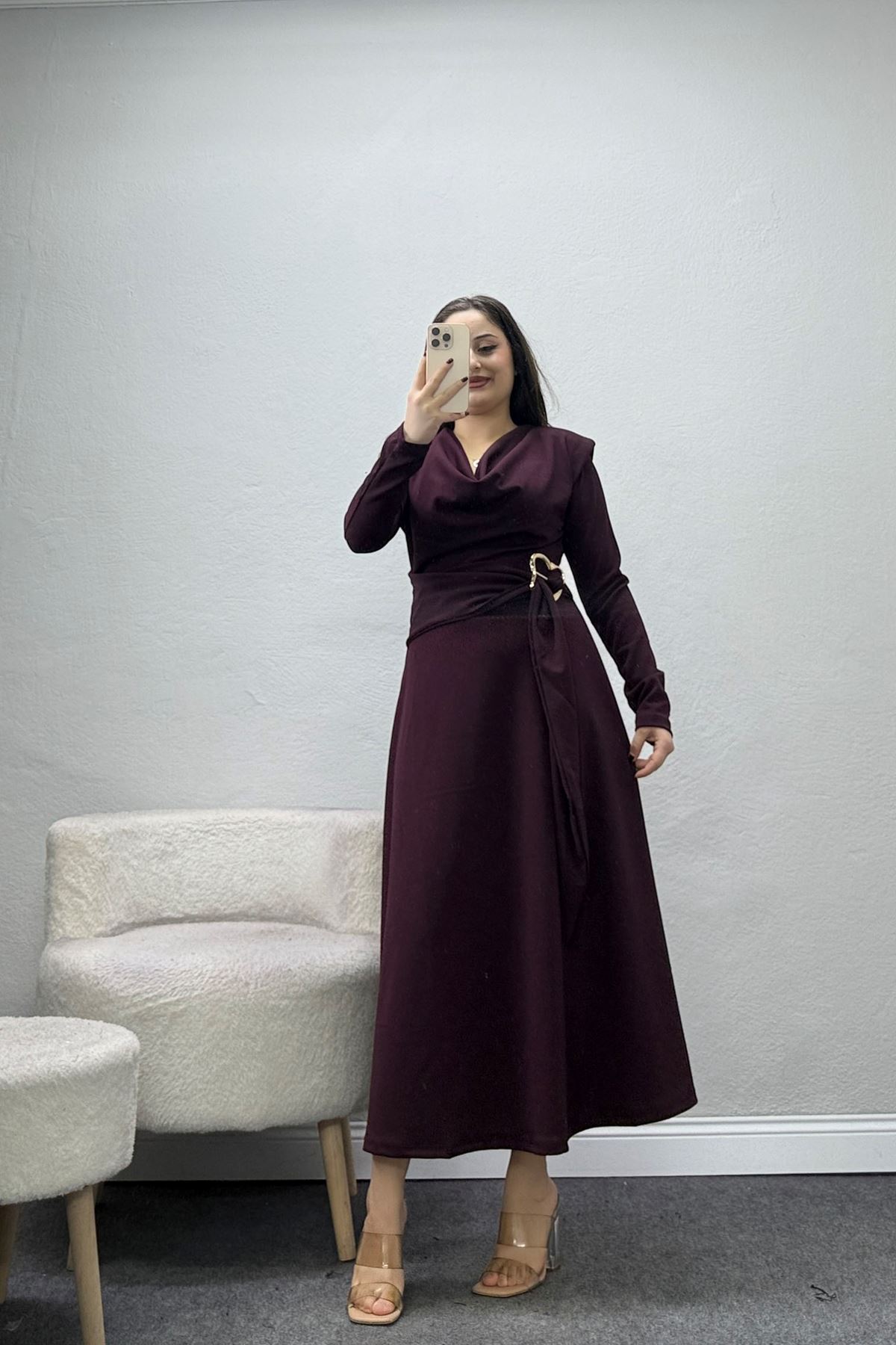 Kadın Degaje Yaka Drapeli Tokalı Elbise Mürdüm