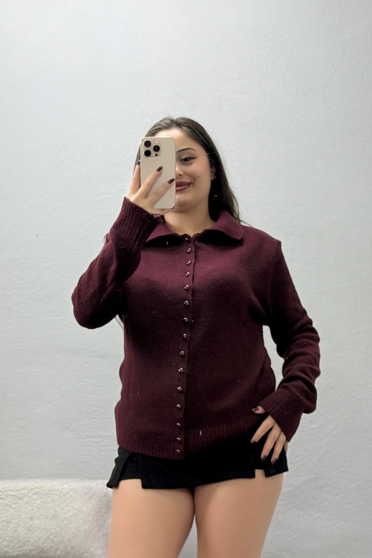 Kadın Düğmeli Triko Hırka Bordo