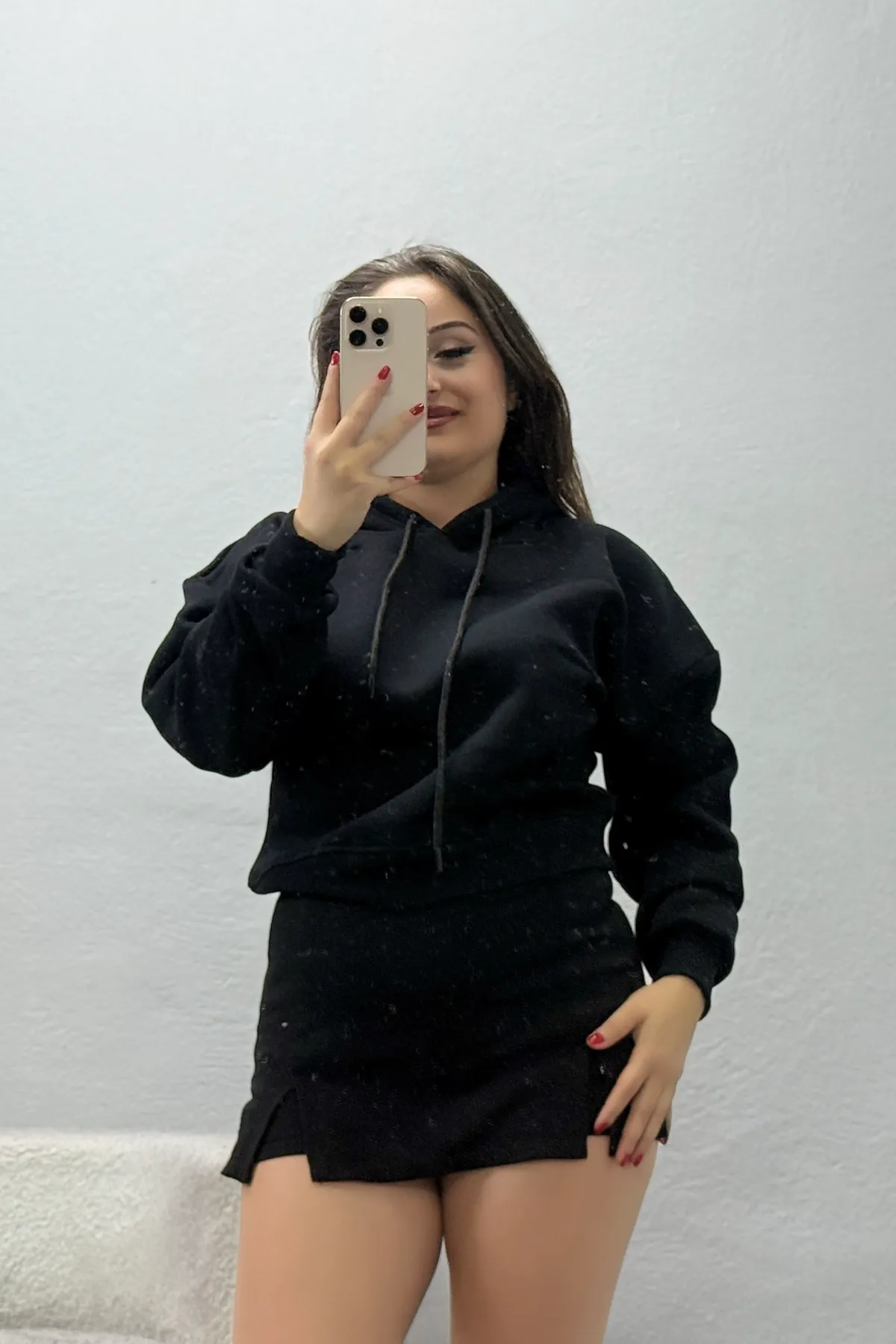 Kadın 3 İplik Kapşonlu Crop Sweat Siyah