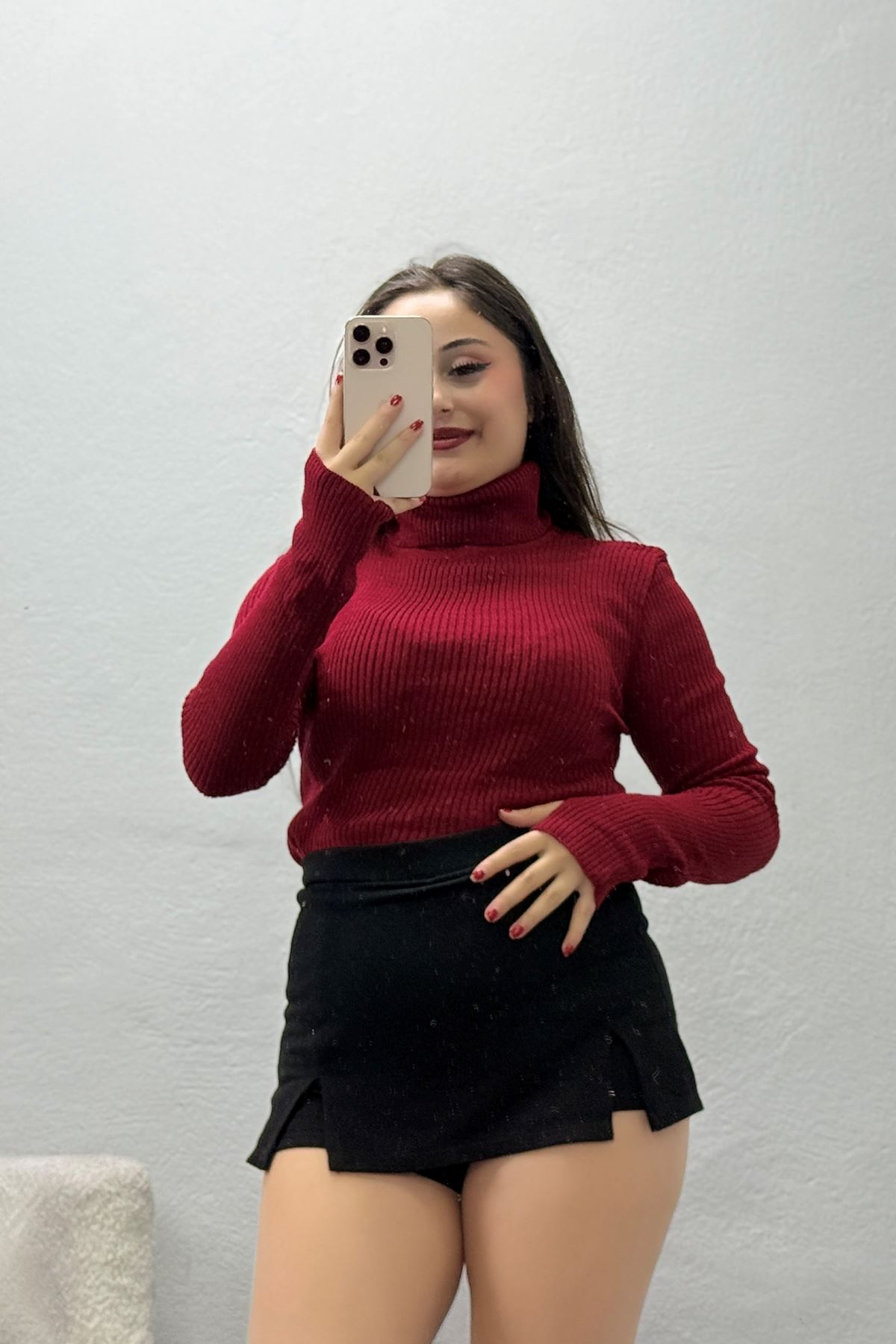 Kadın Balıkçı Yaka Parmak Geçmeli Triko Body Açıkbordo