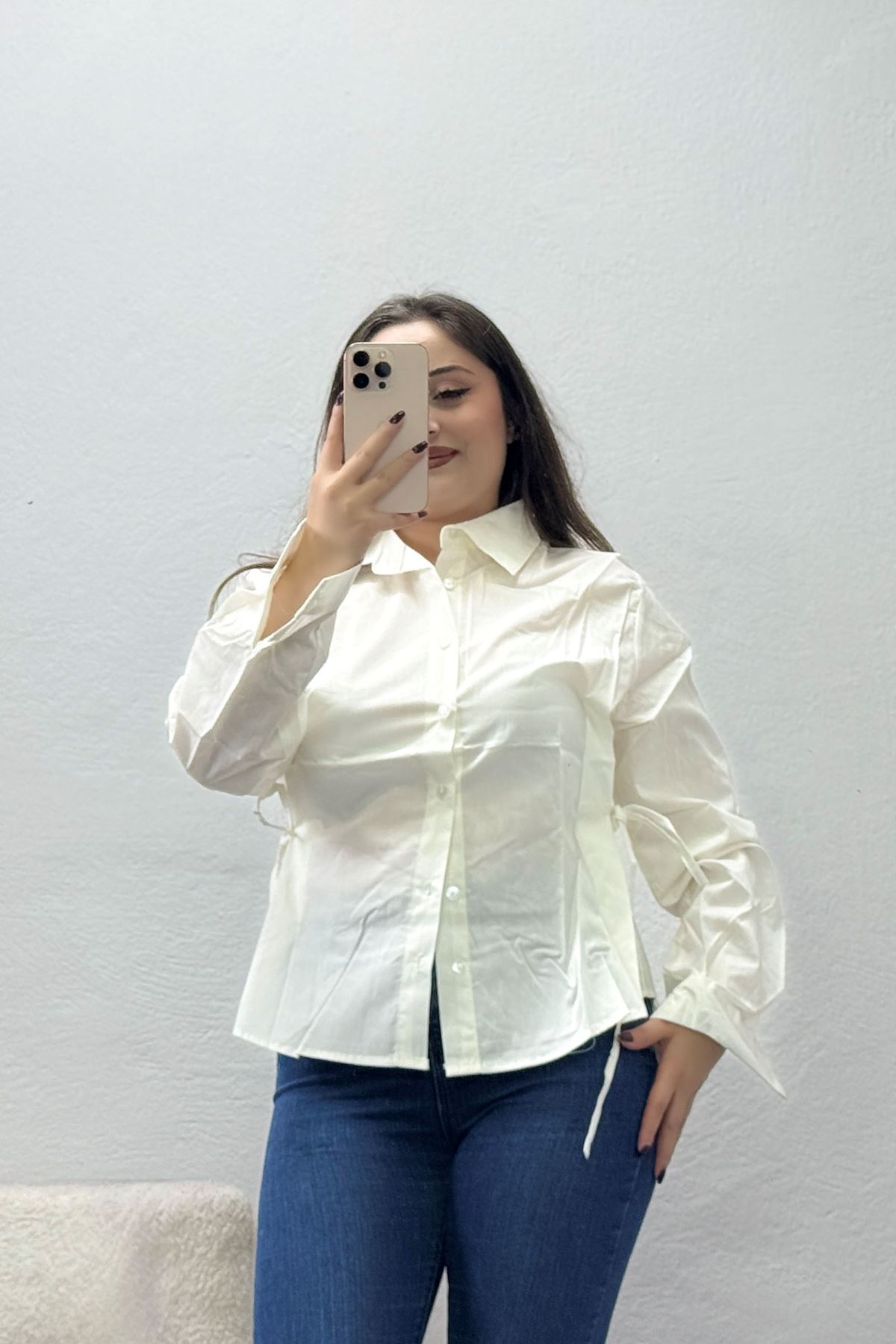 Kadın Yandan Bağlamalı Poplin Gömlek Krem