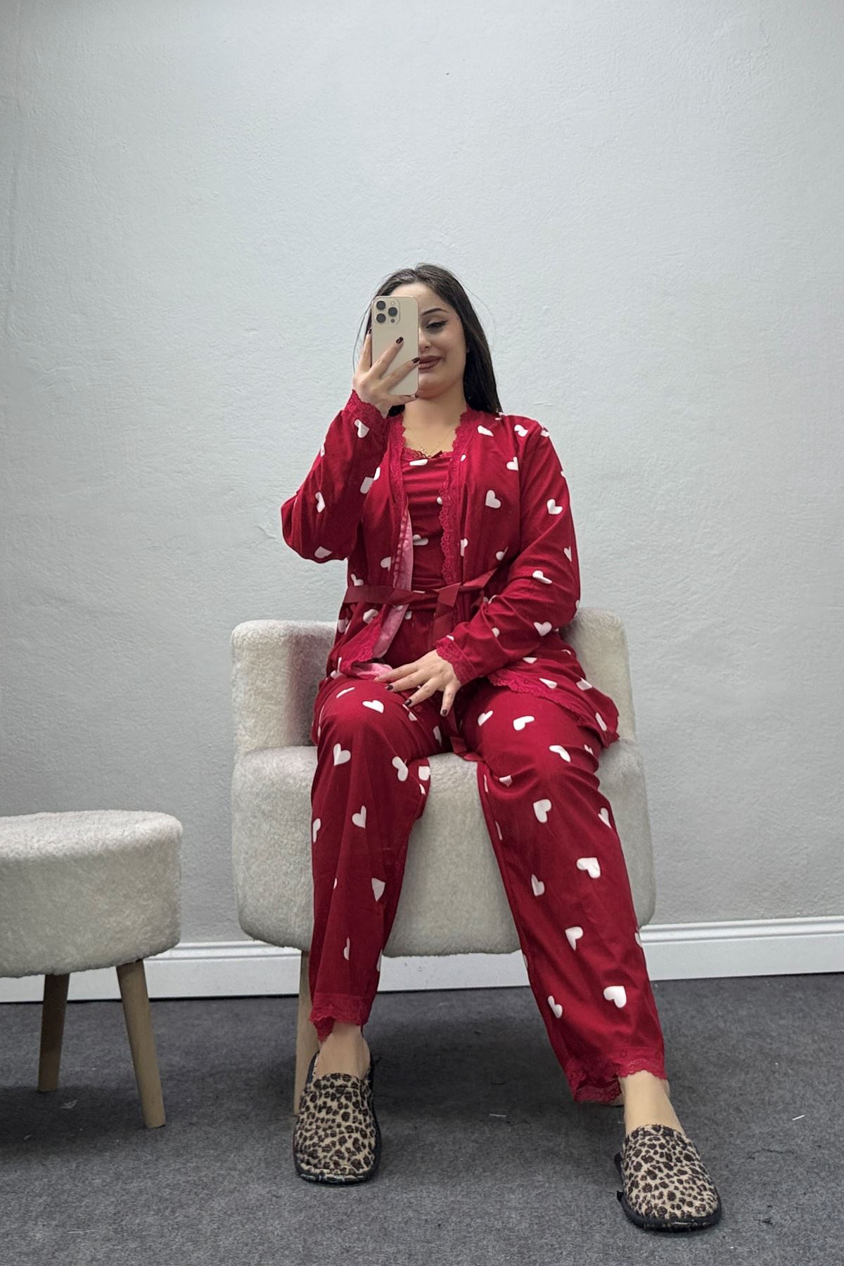 Kadın Süet 3'Lü Pijama Set Kırmızıbeyaz