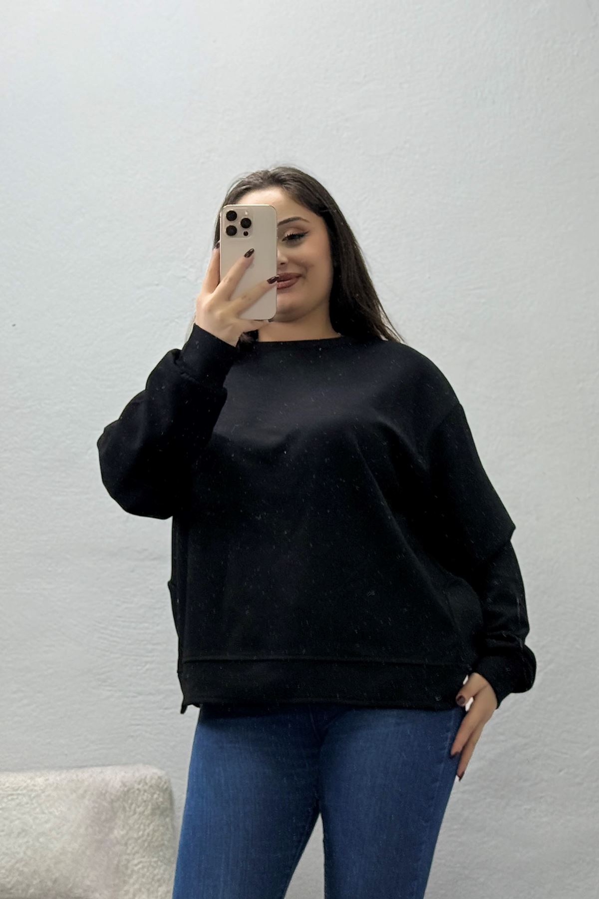 Kadın Modal Bisiklet Yaka Oversize Sweatshirt Siyah