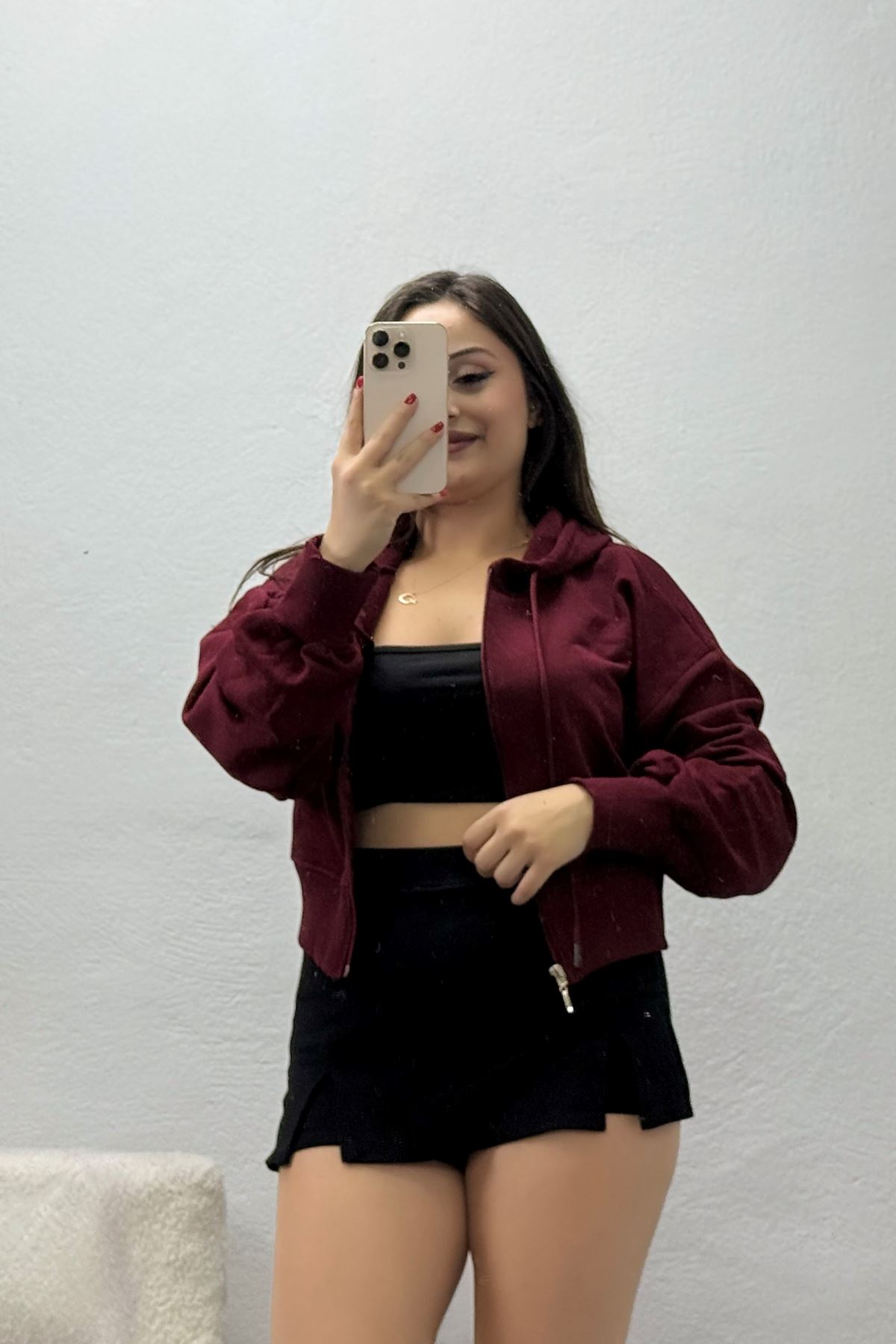 Kadın 3 İplik Şardonsuz Balon Kol Crop Sweat Bordo