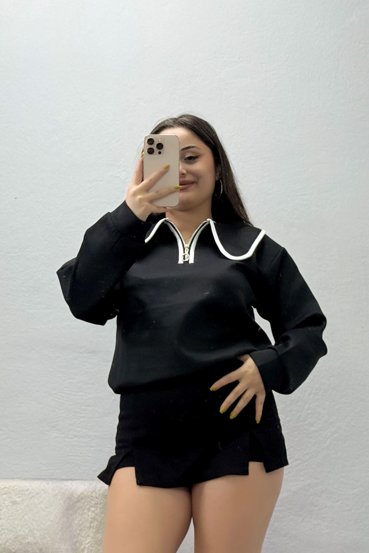 Kadın Scuba Bebe Yaka Fermuar Detaylı Sweat Siyah