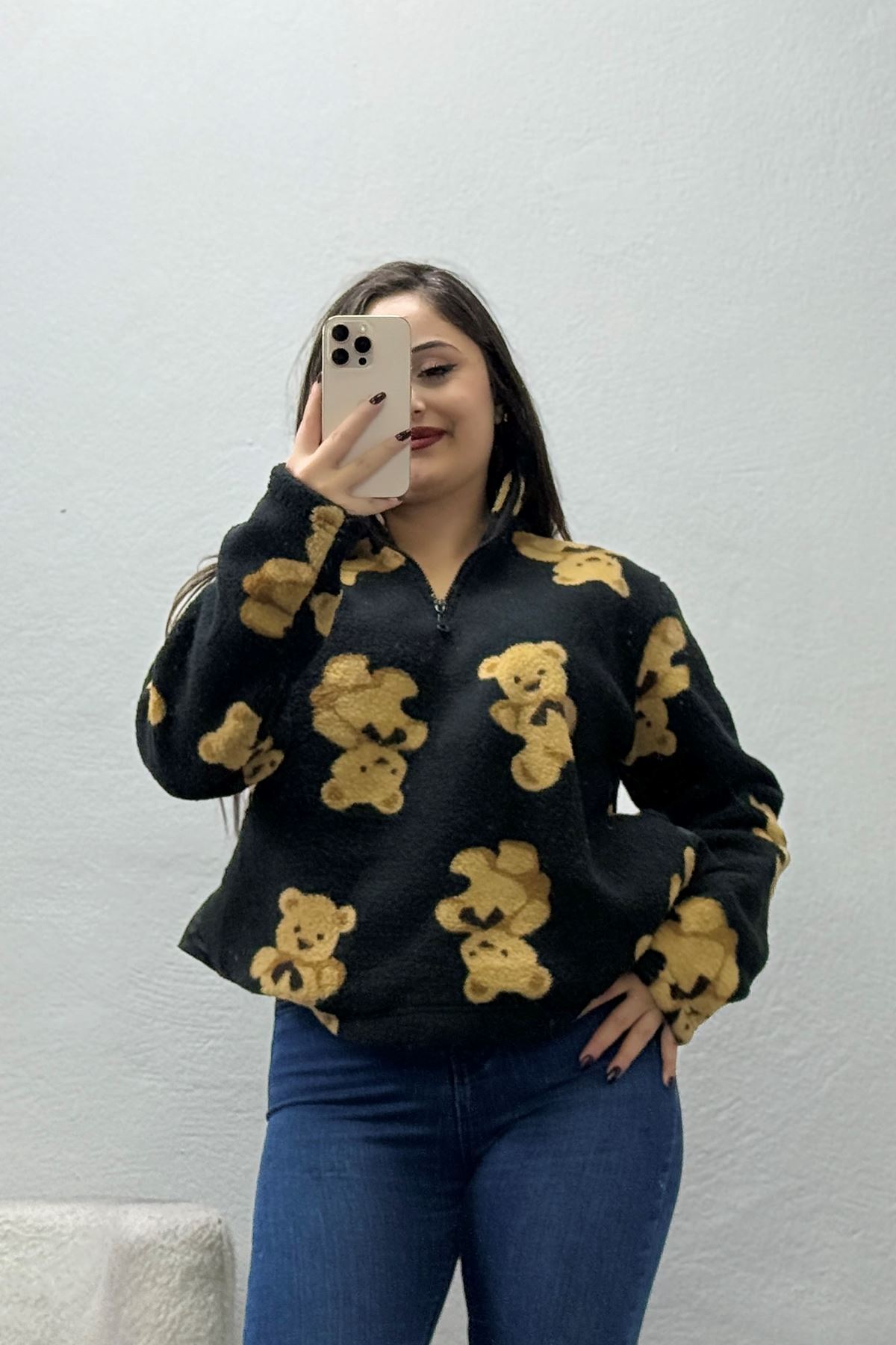 Kadın Yarım Fermuarlı Peluş Sweat Siyah