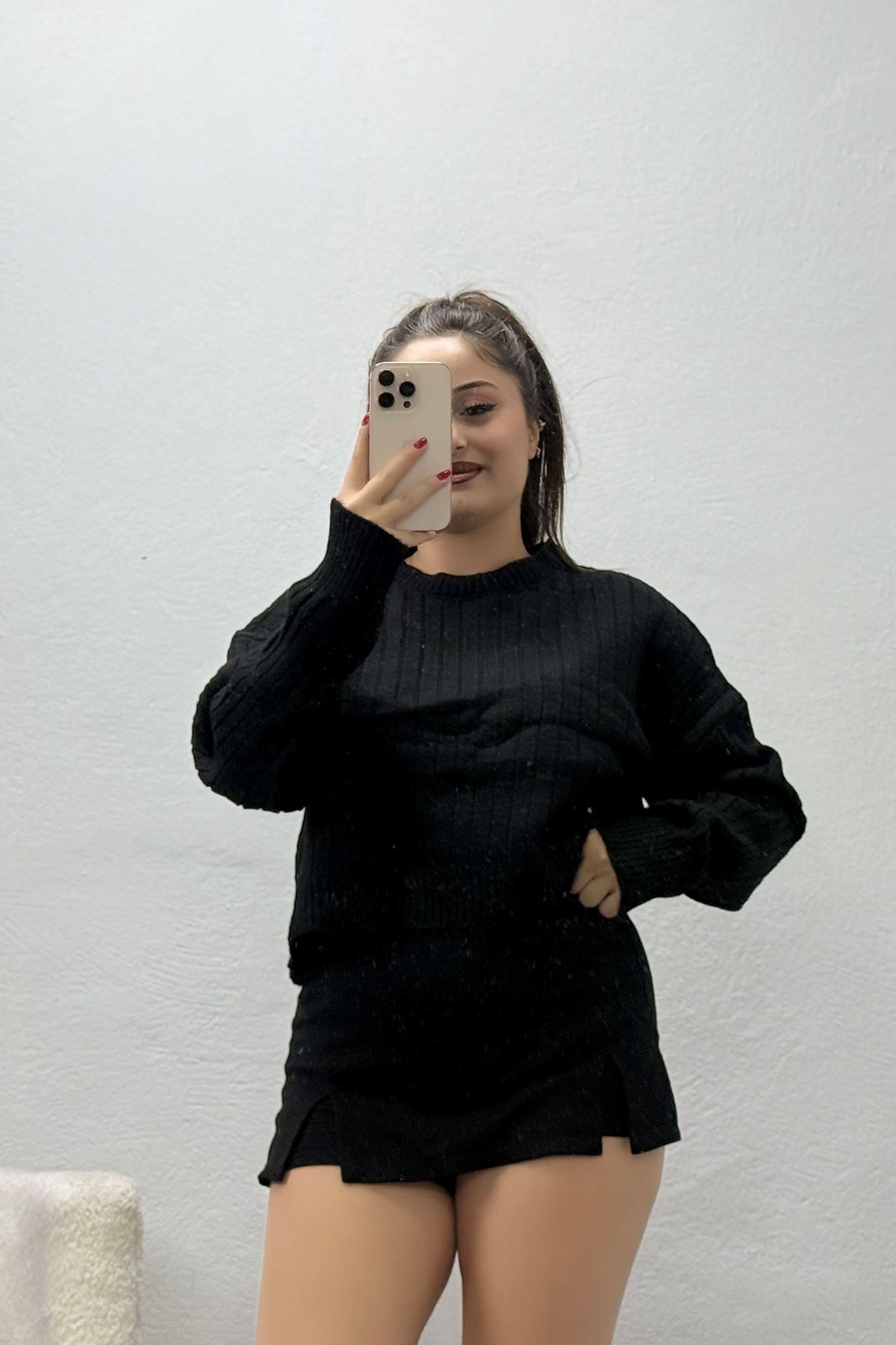 Kadın Fitilli Crop Triko Kazak Siyah