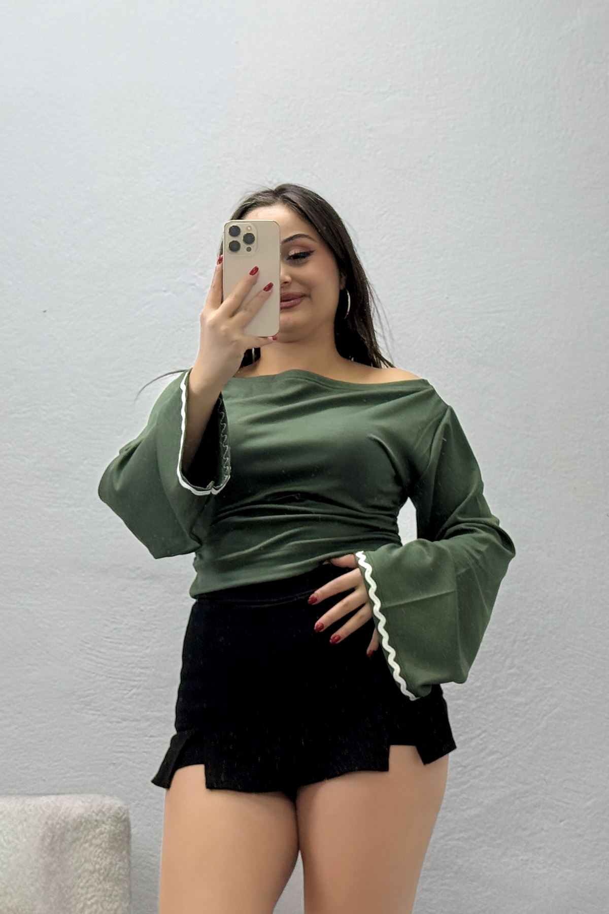 Kadın Kimono Kol Kayık Yaka Modal Bluz Haki