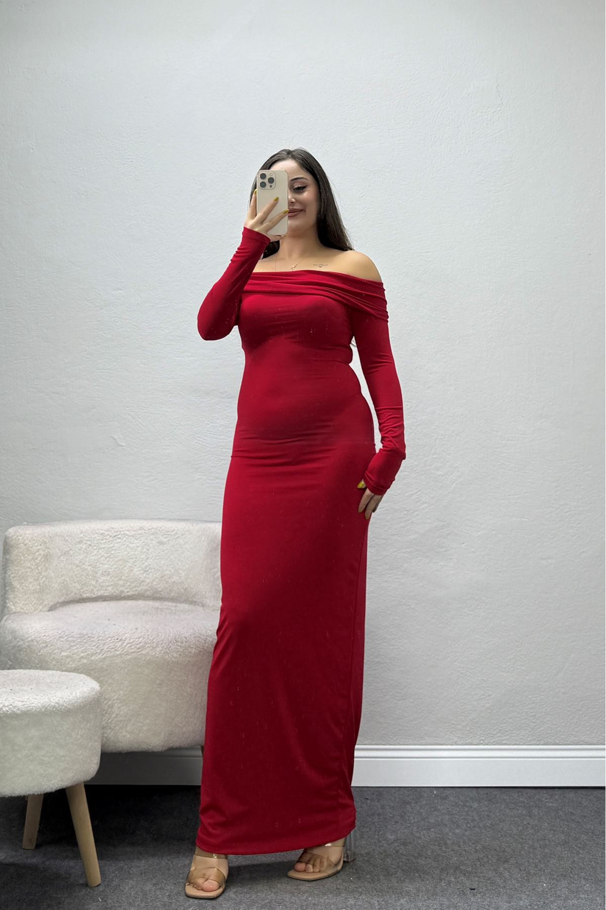 Kadın Sandy Madonna Yaka Elbise Kırmızı