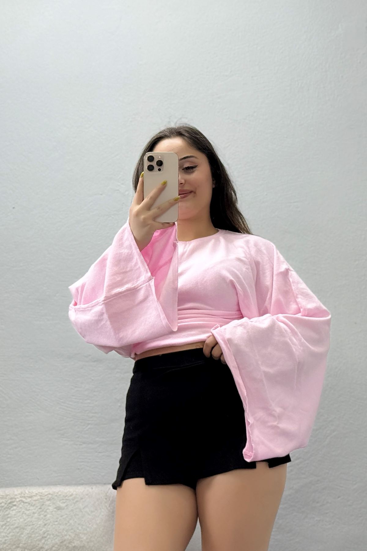 Kadın Yumoş Triko Yarasa Kol Büzgülü Bluz Pembe