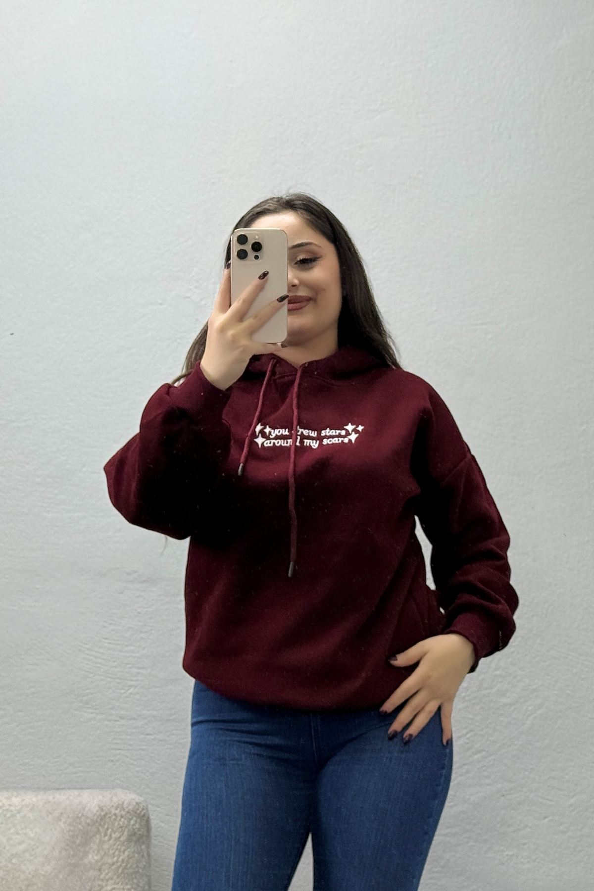 Kadın Üç İplik Kapşonlu Baskılı Sweat Bordo