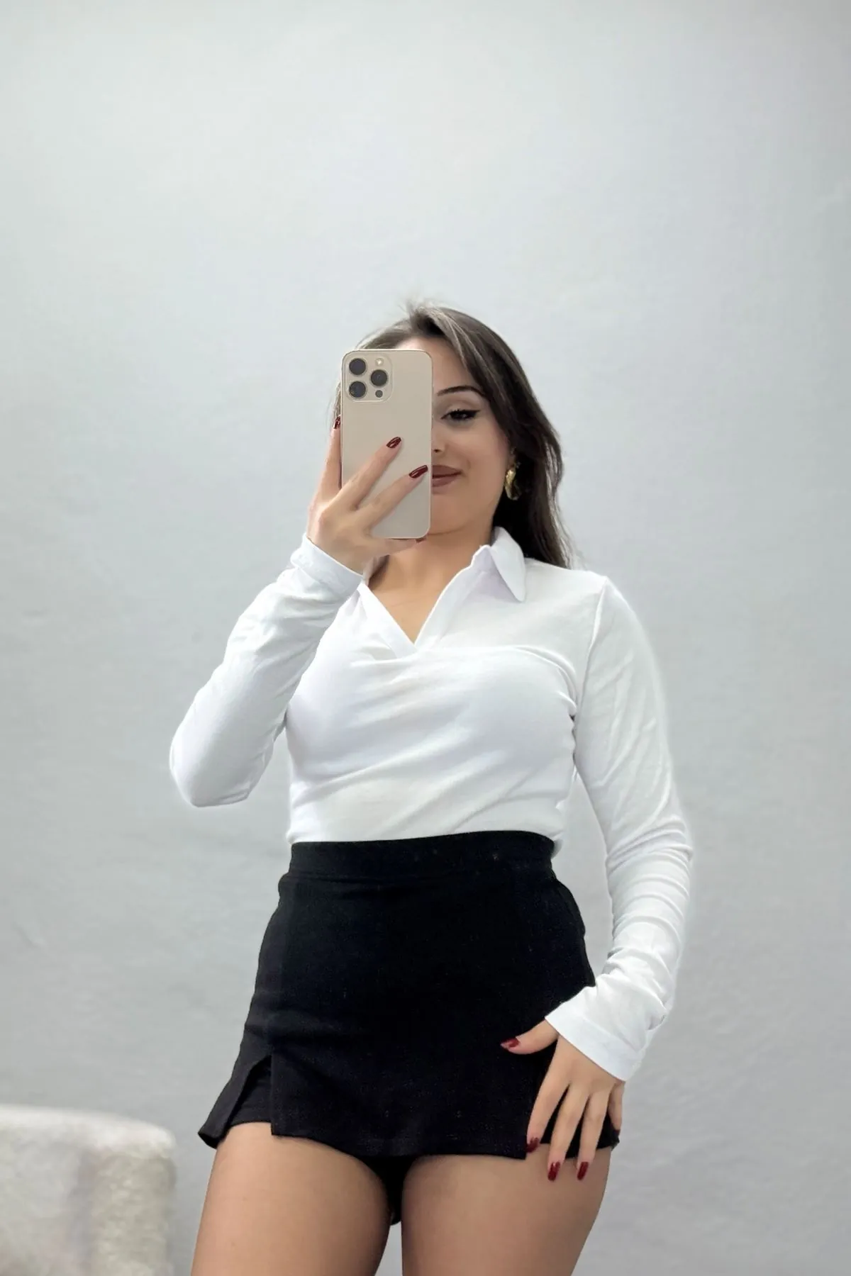 Kadın Ribana Kumaş Polo Yaka Body Beyaz