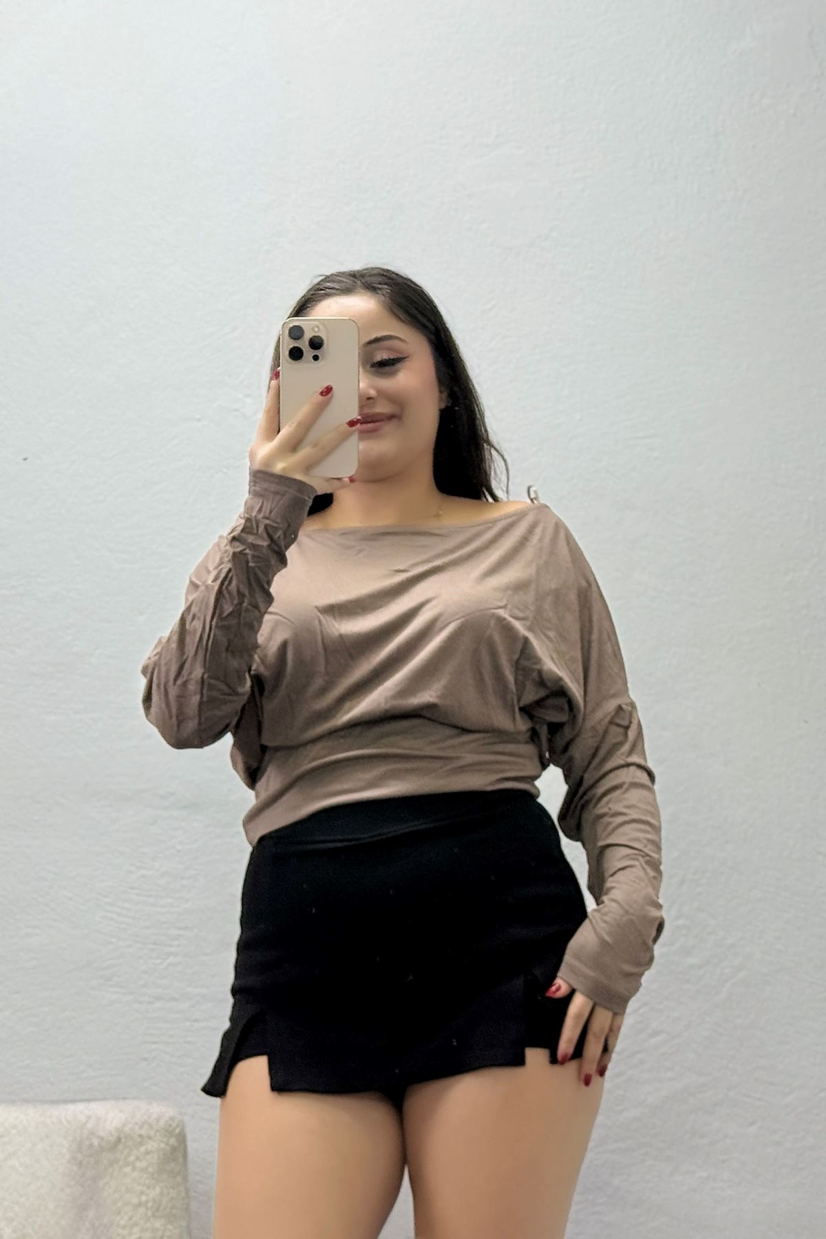 Kadın Viskon Kayık Yaka Yarasa Kol Bluz Vizon