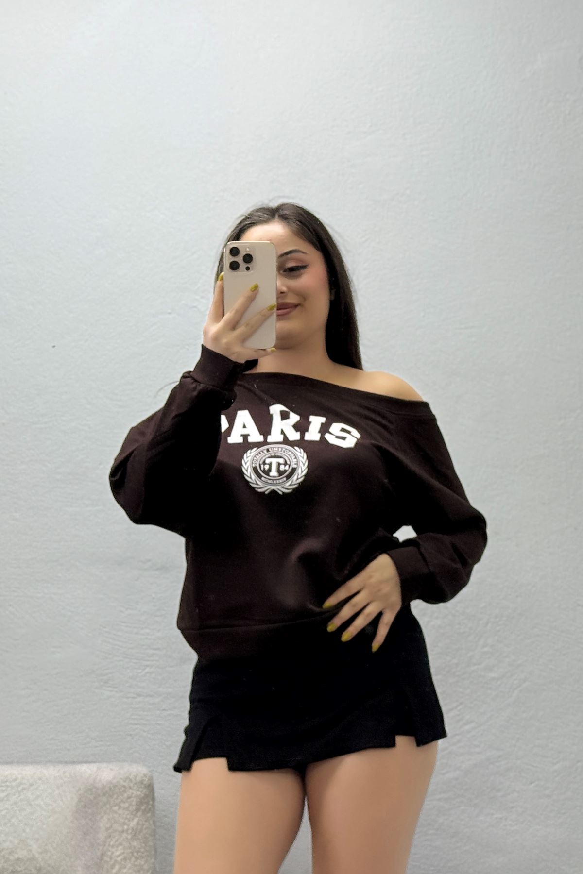 Kadın Oysho Baskılı Kayık Yaka Sweatshirt Kahve