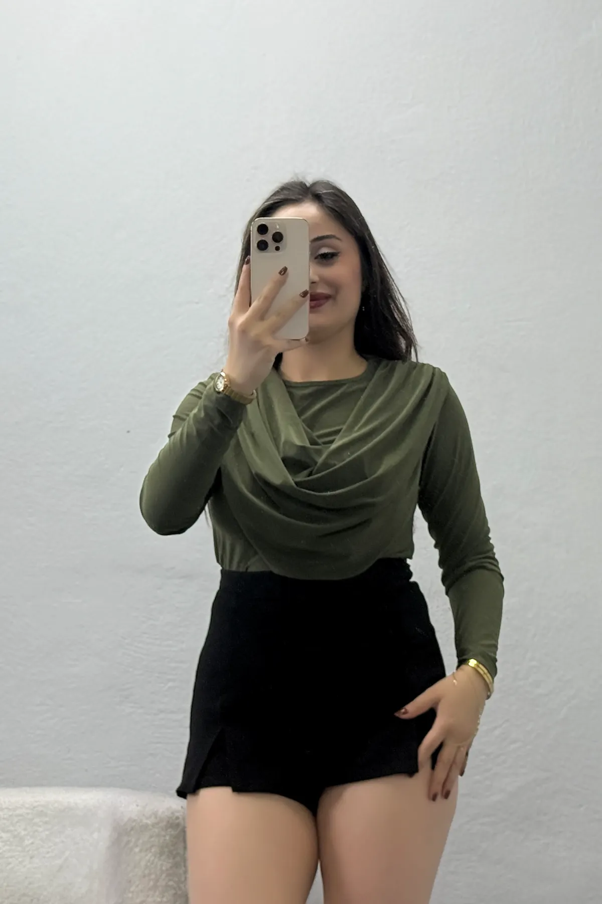 Kadın Degaje Yaka Uzun Kol Sandy Bluz Haki