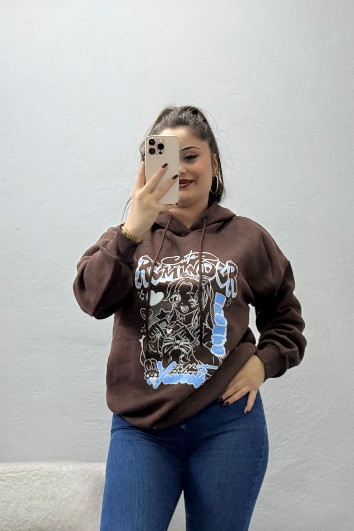Kadın 3 İplik Kapşonlu Baskılı Sweat Kahve